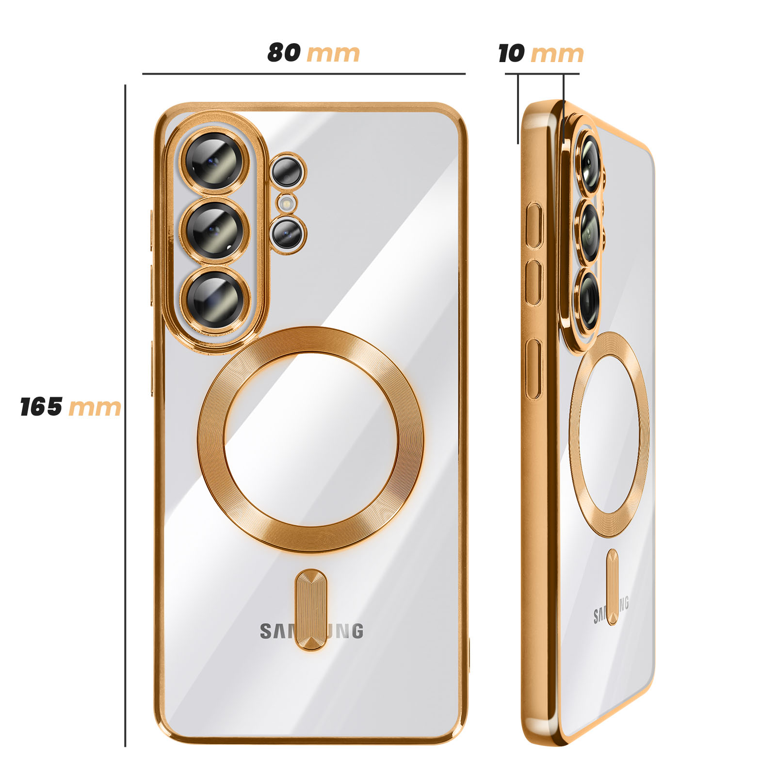 Coque de téléphone transparente avec bordure dorée, appareil photo et détails.