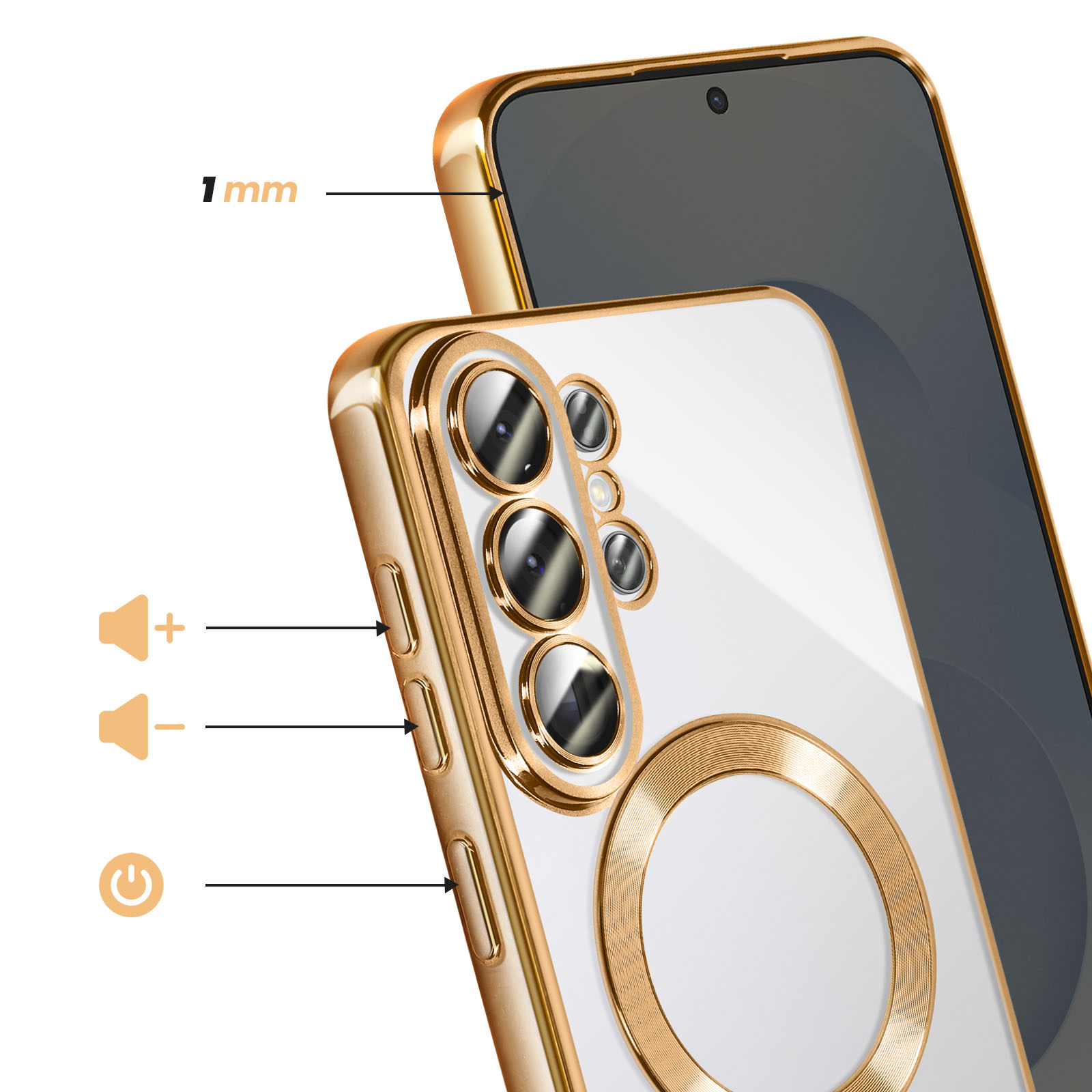Coque de téléphone à bordure dorée avec protection caméra et boutons.