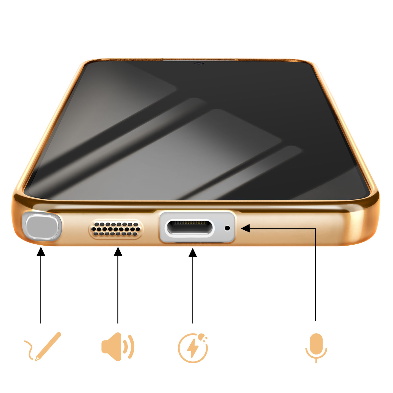 Smartphone doré avec ports: stylet, haut-parleur, charge, microphone.