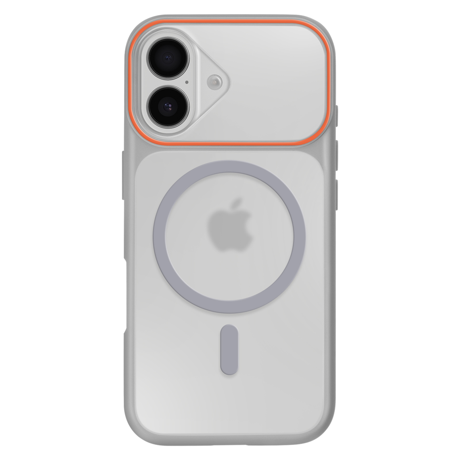 Une coque transparente avec un contour orange, deux caméras et un cercle gris.
