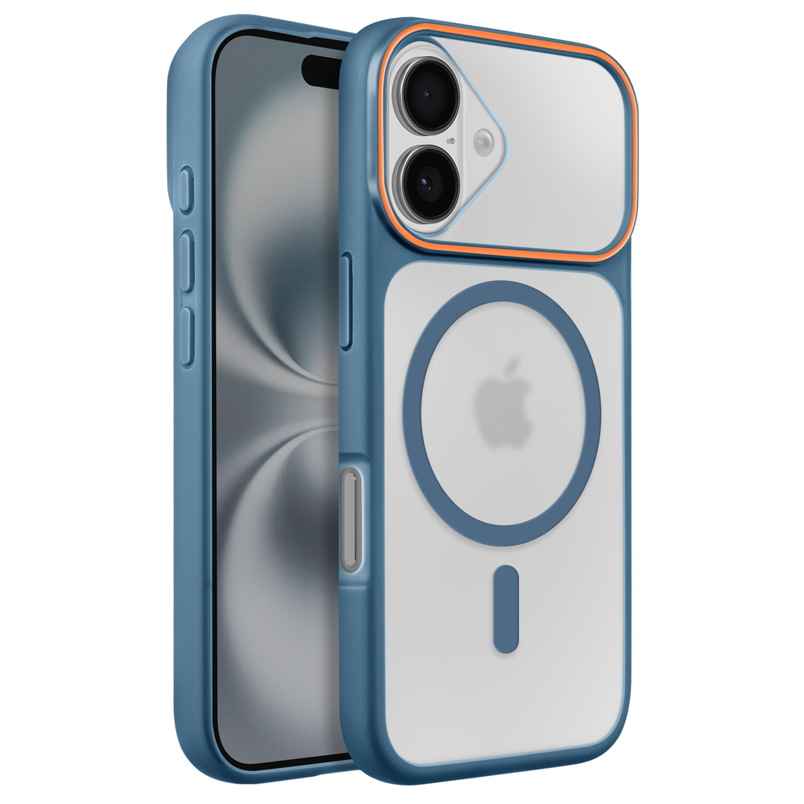 Een blauwe iPhone-hoes met doorzichtige achterkant en oranje rand.