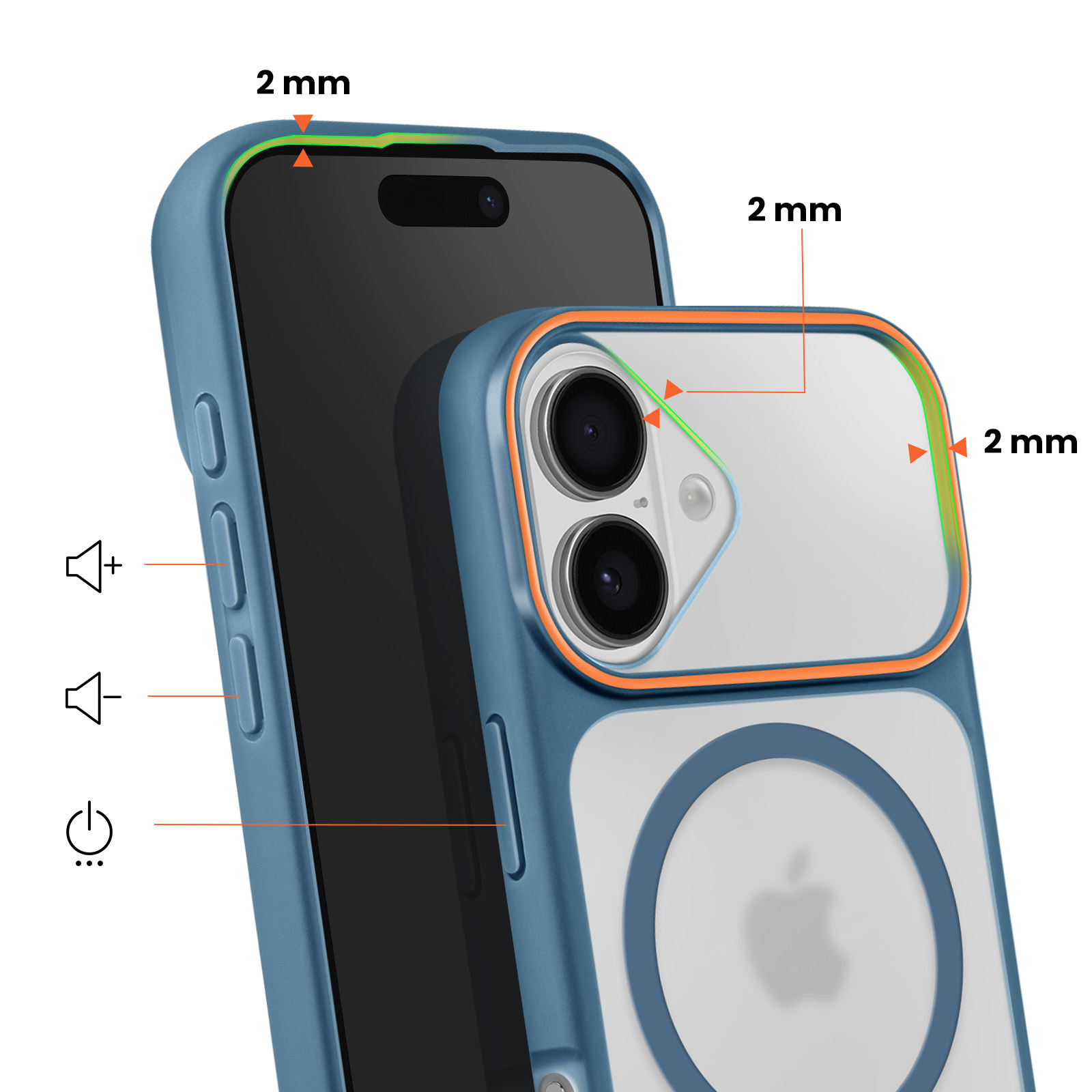 Blauwe telefoon in hoes met 2 mm bescherming. Cameramodule en knoppen zichtbaar.