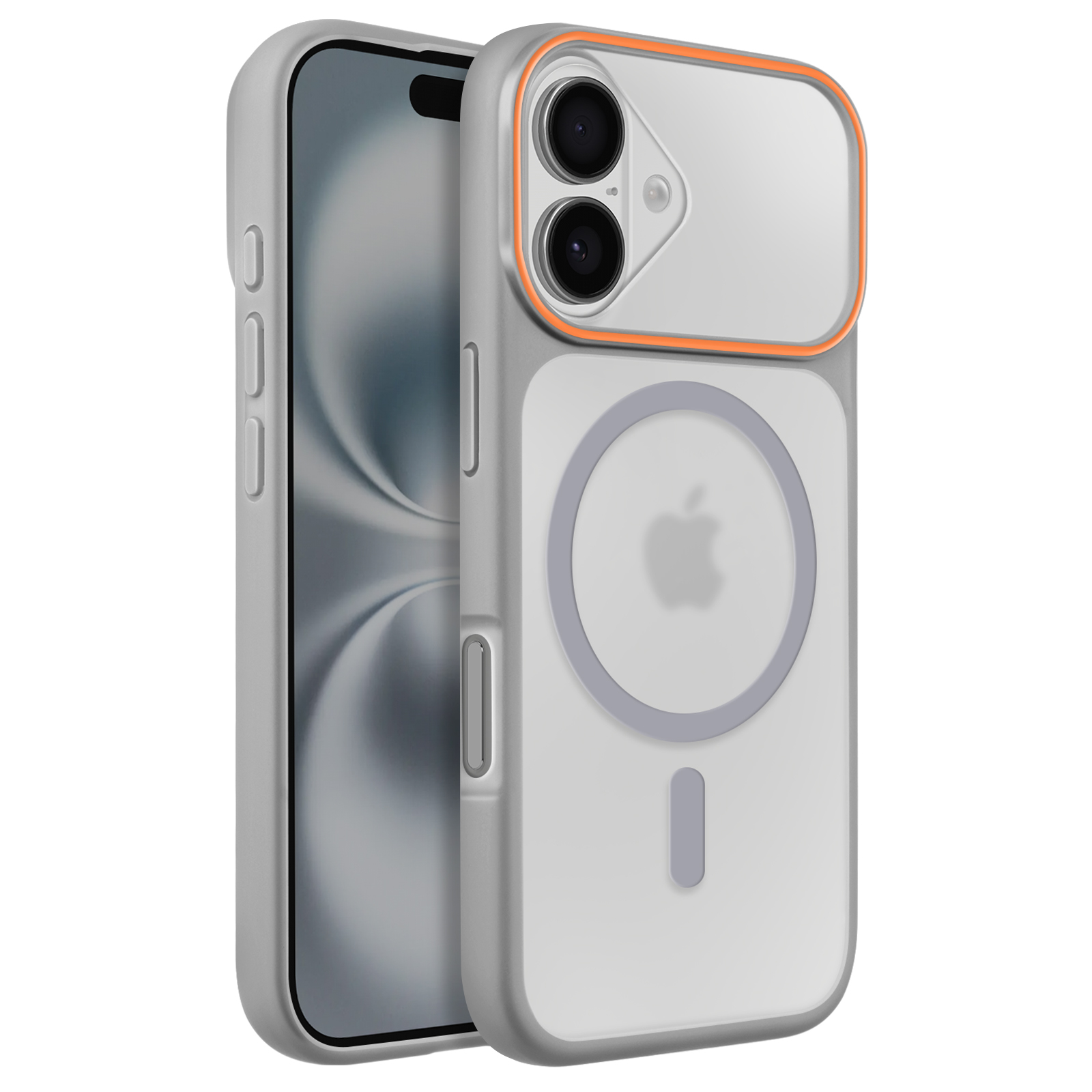 Un iPhone gris avec une coque transparente, bordure orange et MagSafe.