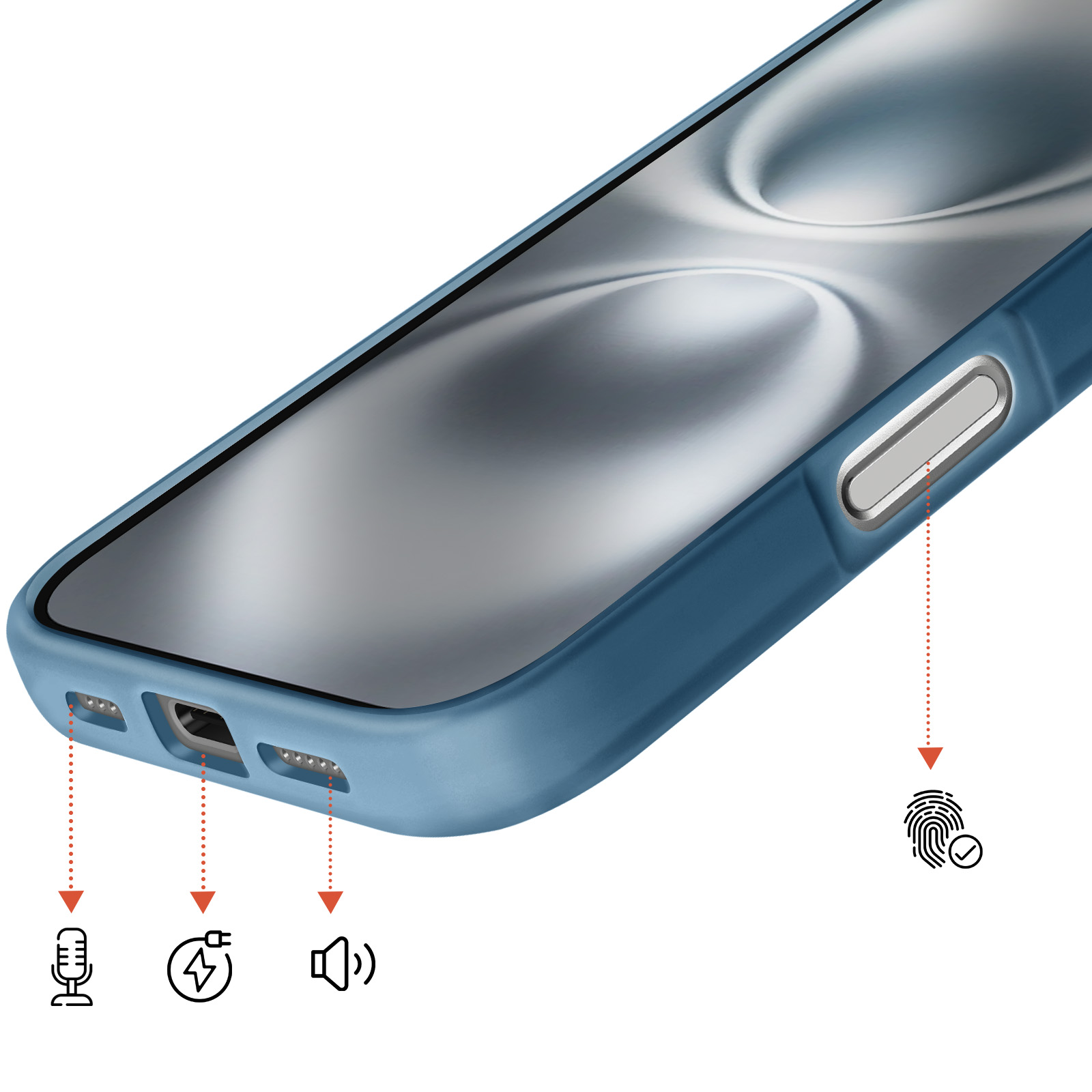 Blauw telefoonhoesje met microfoon-, laad- en luidsprekerpictogrammen.
