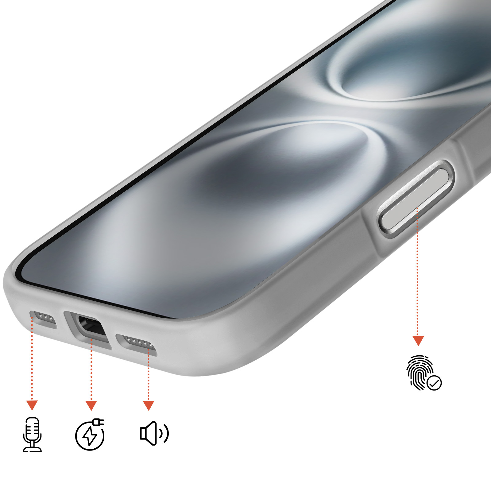 Smartphone gris avec port de charge, micro, haut-parleur et capteur d'empreintes.