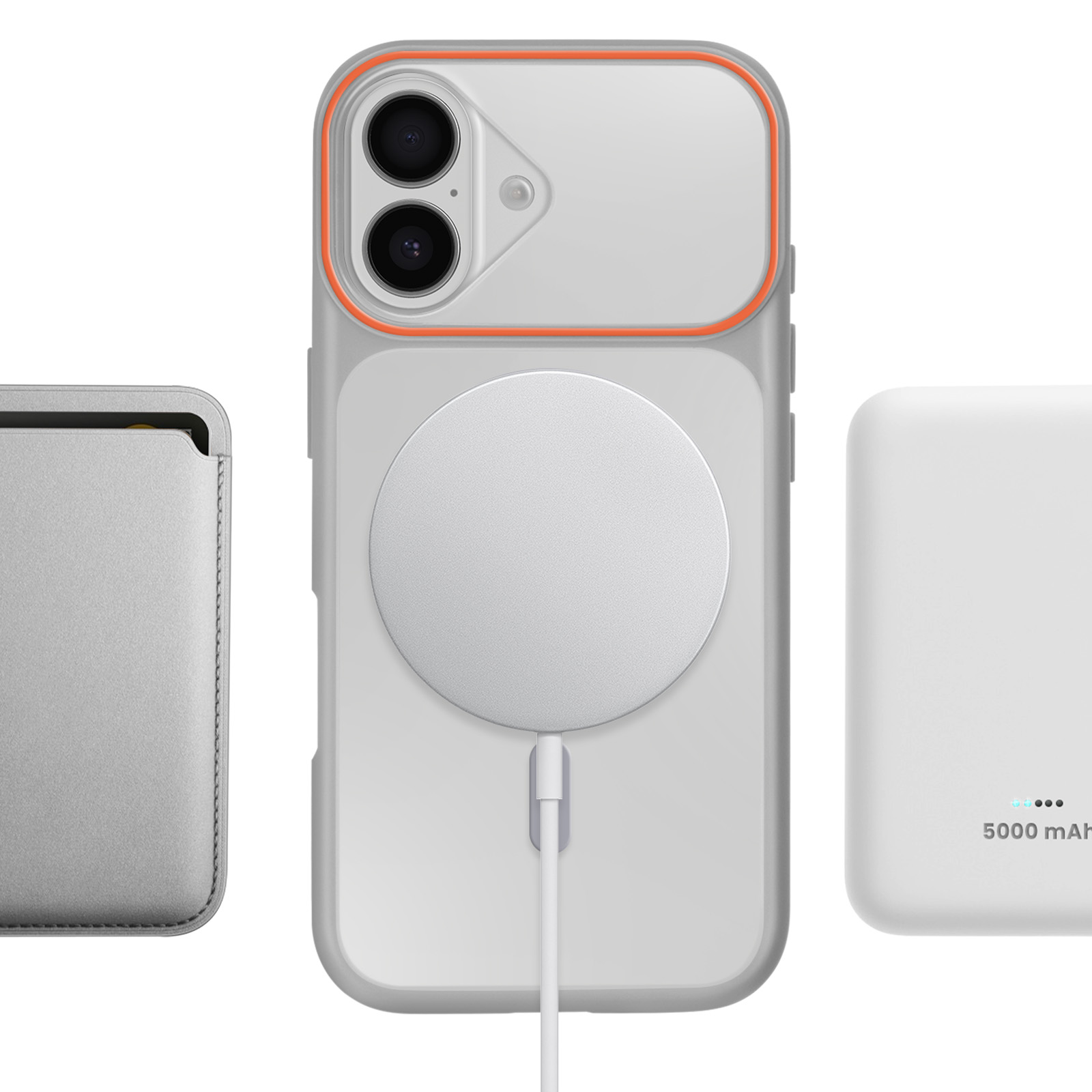 Trois accessoires pour téléphone : Un porte-cartes gris, un téléphone blanc avec chargeur MagSafe et une batterie externe blanche.