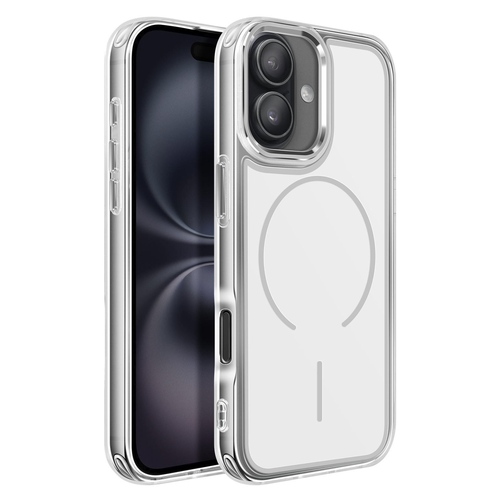 Una custodia trasparente con bordo argentato per smartphone.
