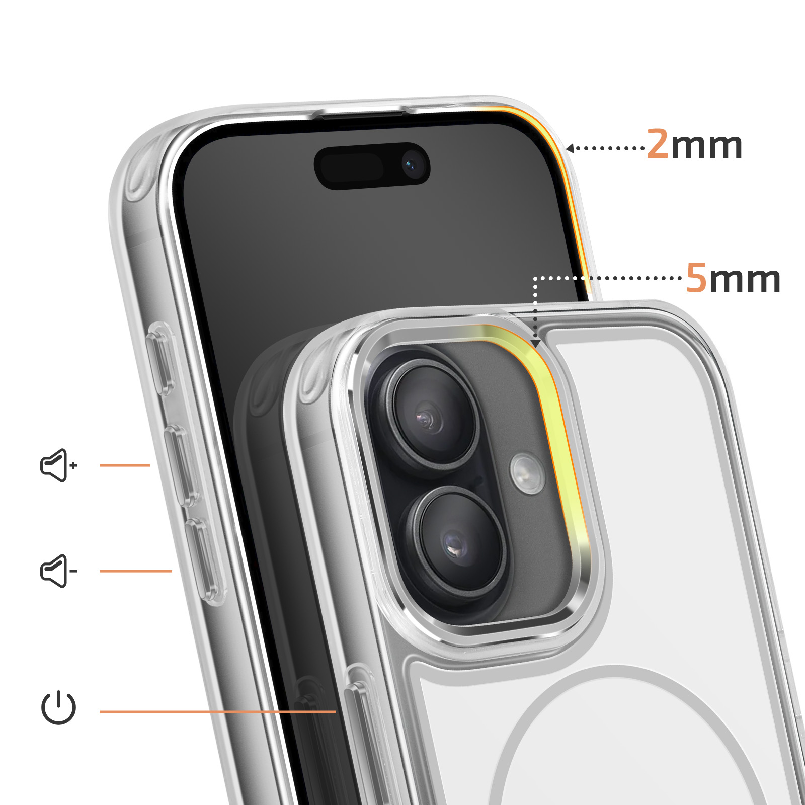 Custodia trasparente per telefono con protezione fotocamera, tasti volume e accensione.