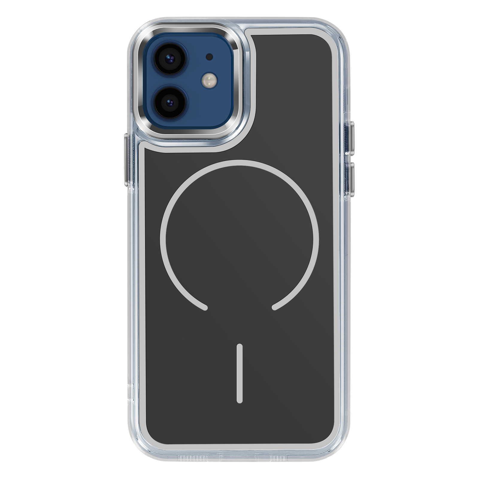 Coque iPhone transparente avec dos noir et motif circulaire.
