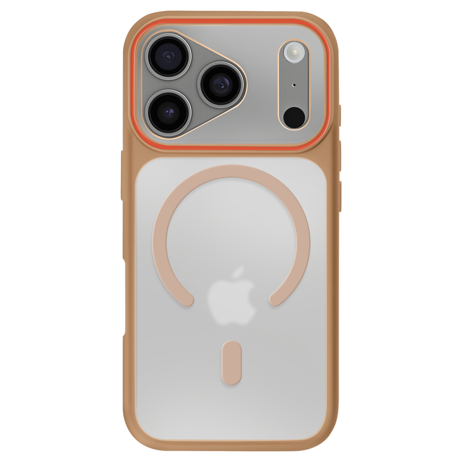 Gouden telefoonhoesje met drie camera's en Apple-logo.