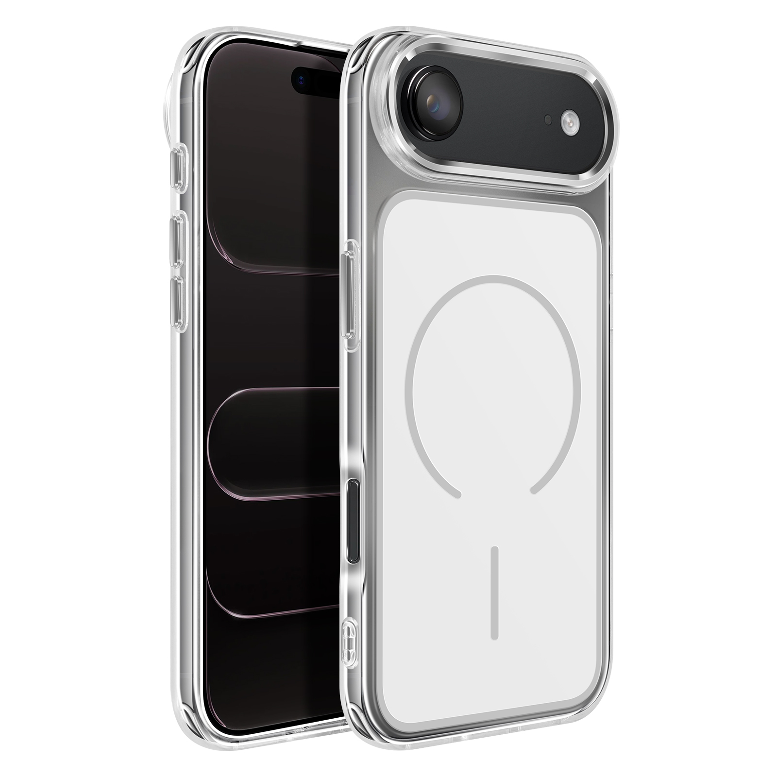 Een doorzichtige telefoonhoes met witte achtergrond met cirkel- en lijnontwerp.