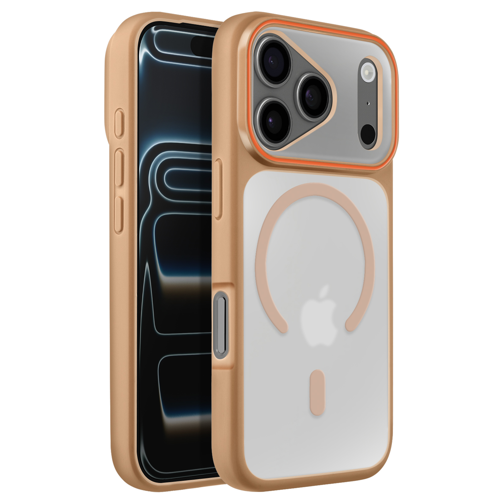 Gouden iPhone hoesje met doorzichtige achterkant, camera en Apple logo.