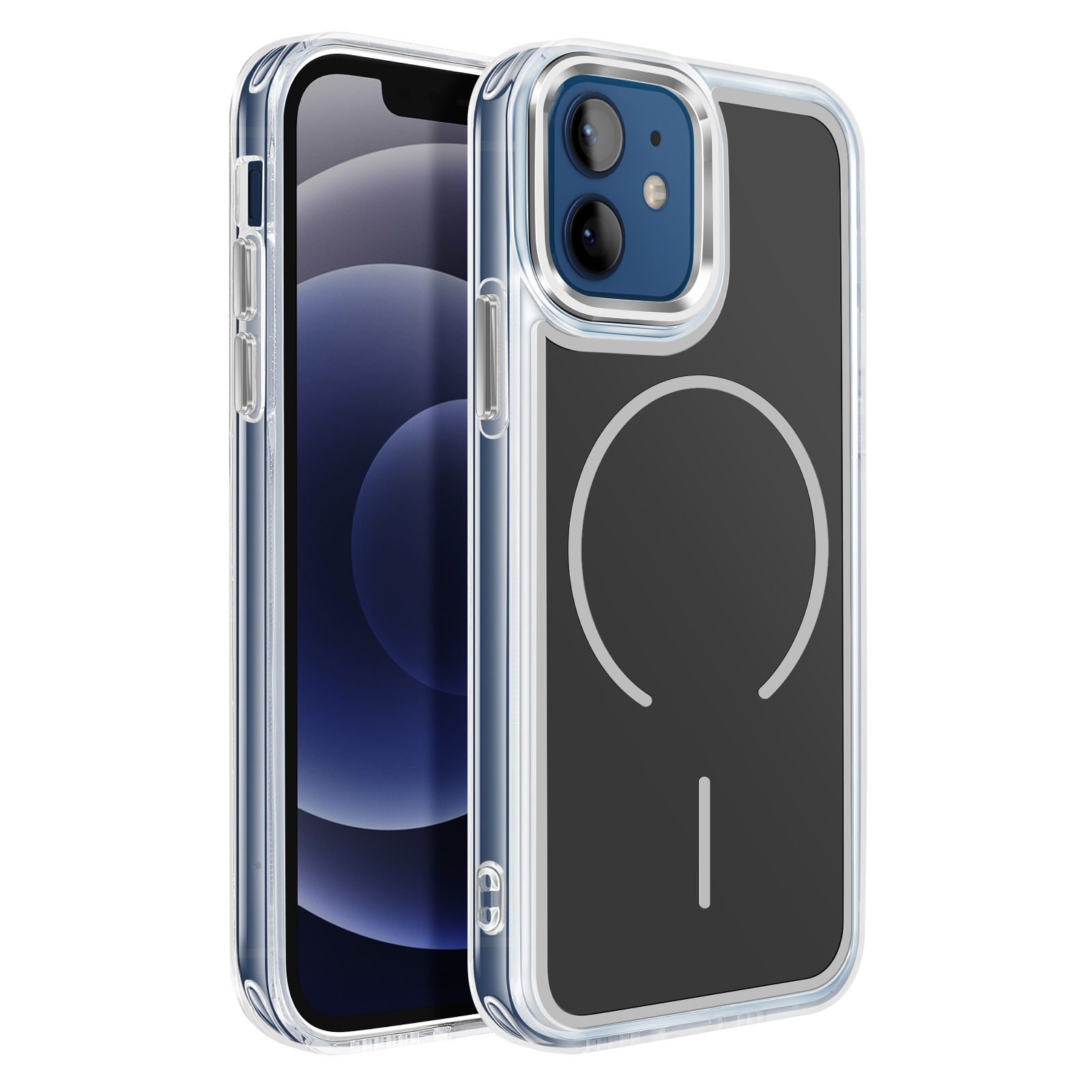 Une coque transparente protégeant un smartphone à double caméra.