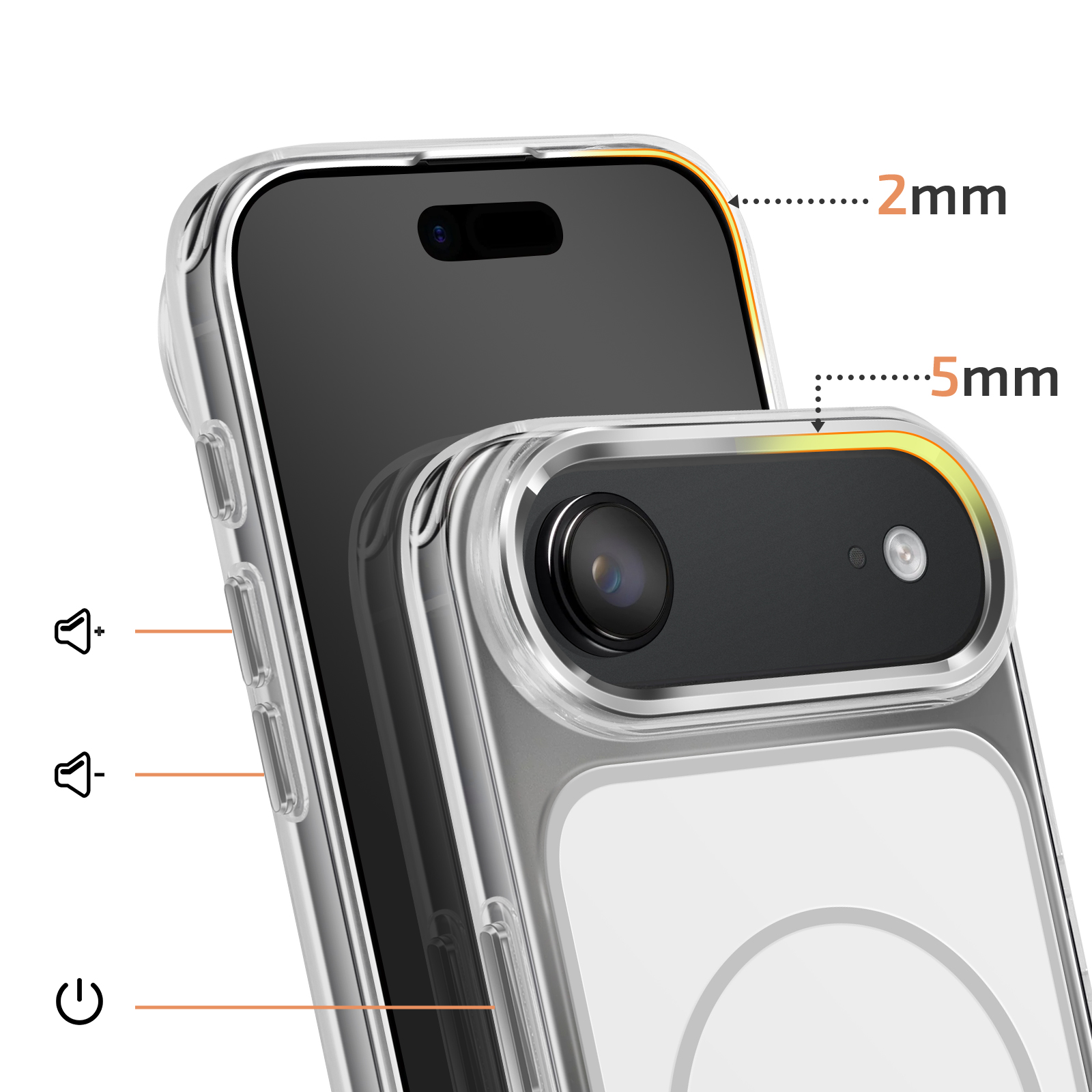Transparante telefoonhoes toont 2mm voor- en 5mm achterdikte. Volume- en aan/uit-knoppen.