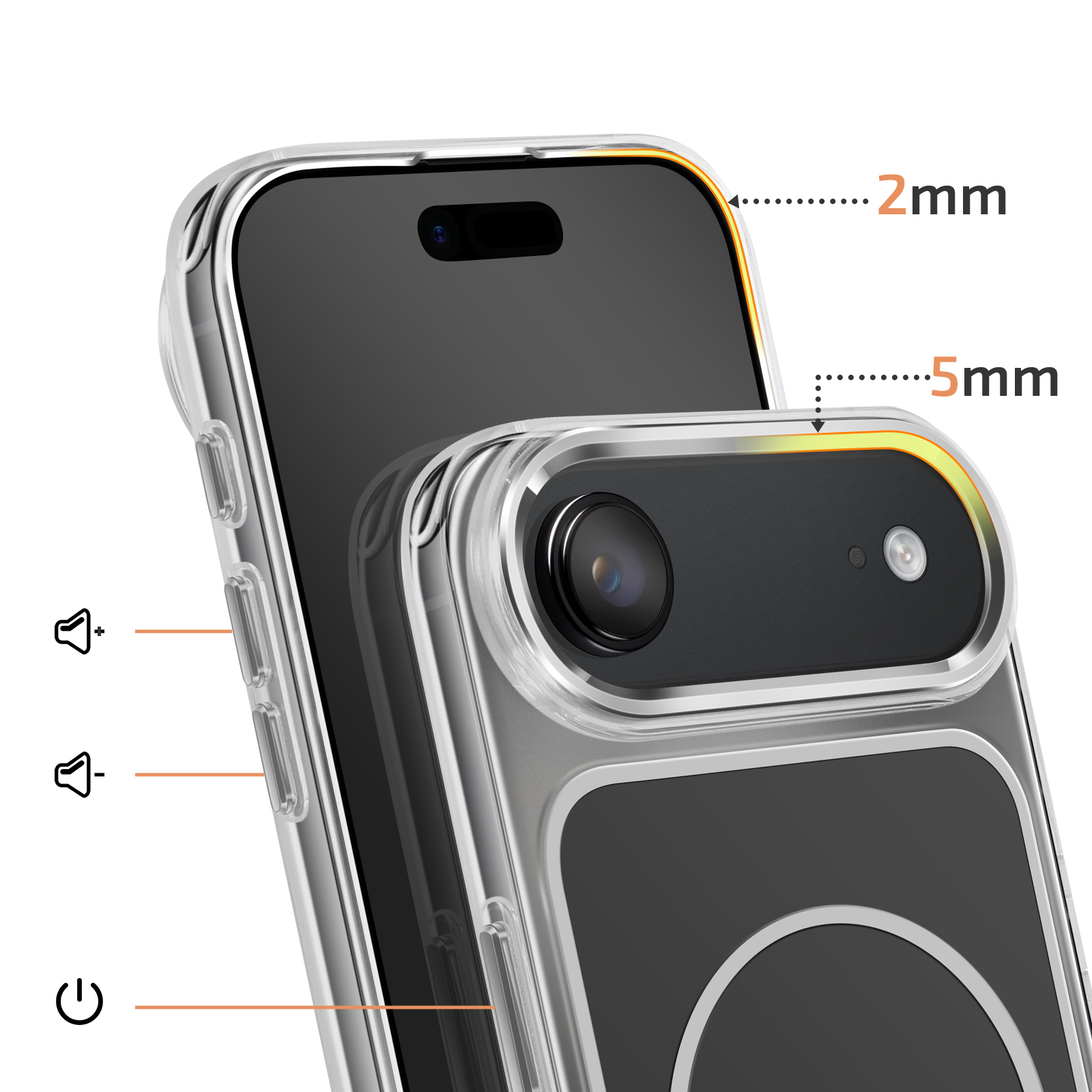 Doorzichtige telefoonhoes met 2mm en 5mm afmetingen voor camera en schermranden.