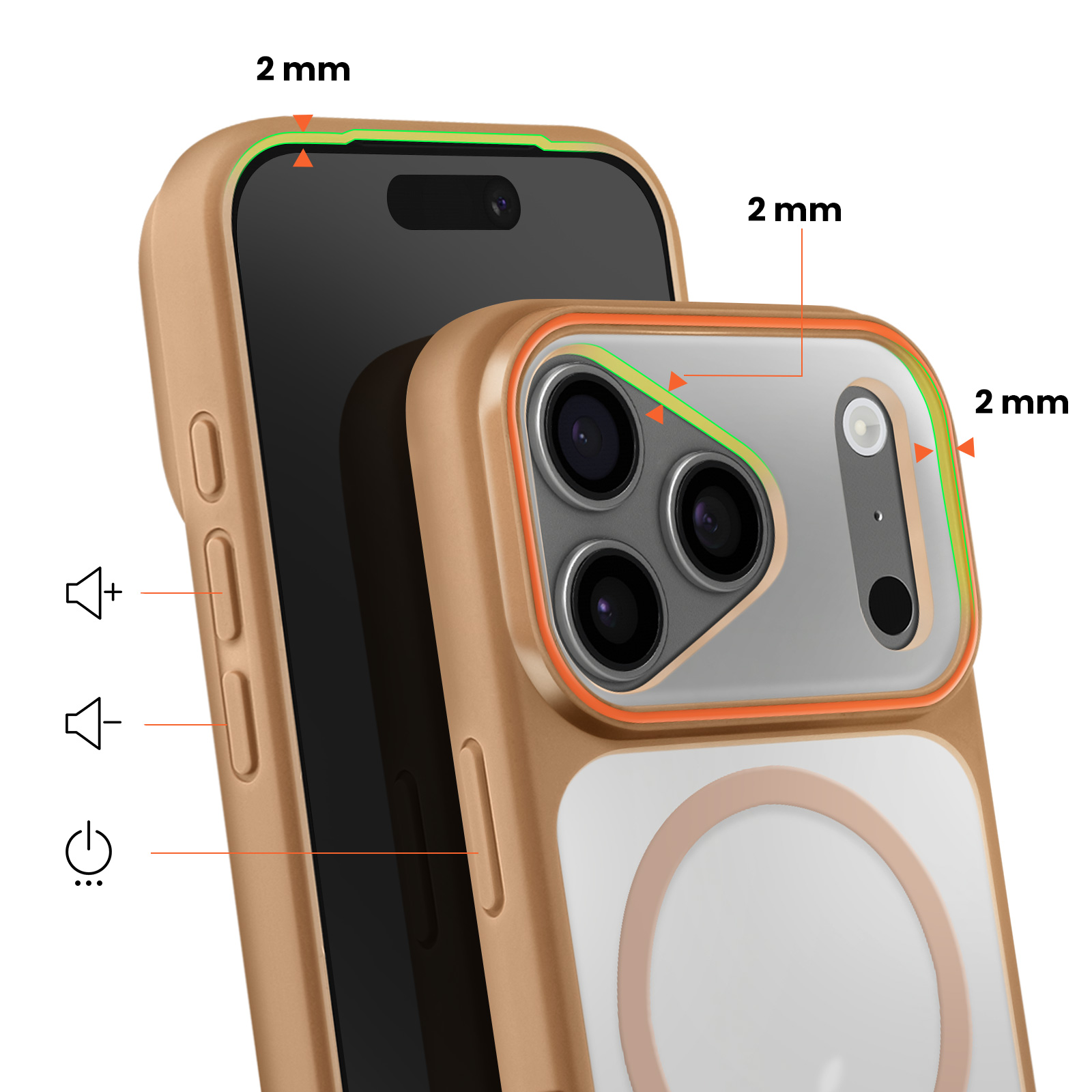 Een gouden telefoonhoes met 2mm verhoogde randen rond scherm en camera's.