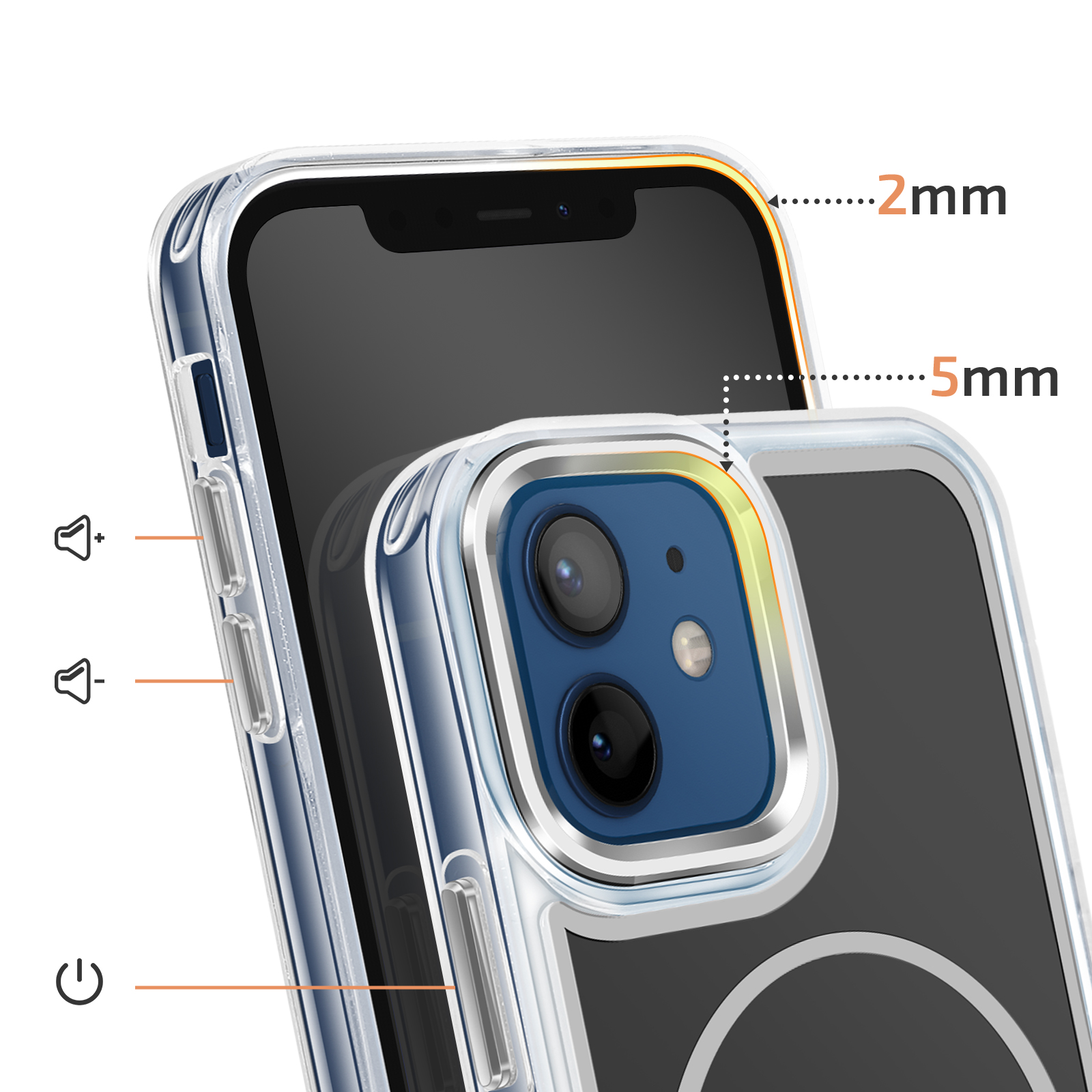Coque de téléphone transparente avec accents argentés, appareil photo et boutons.