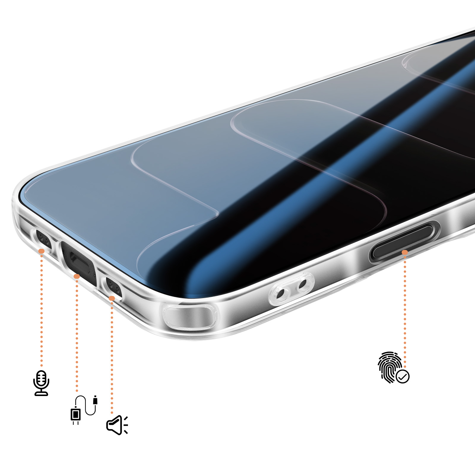 Transparante telefoonhoes met markeringen voor microfoon, oplaadpoort en luidspreker.
