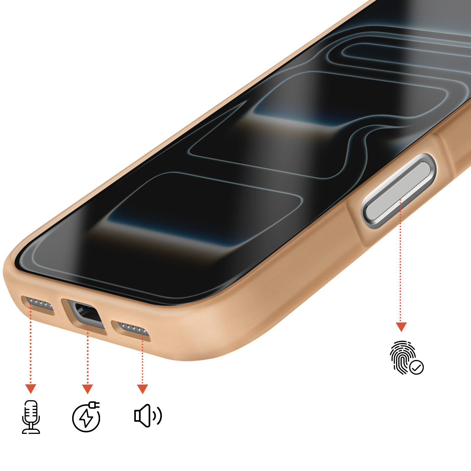 Gouden telefoonhoes met pictogrammen voor microfoon, opladen, luidspreker en vinger.