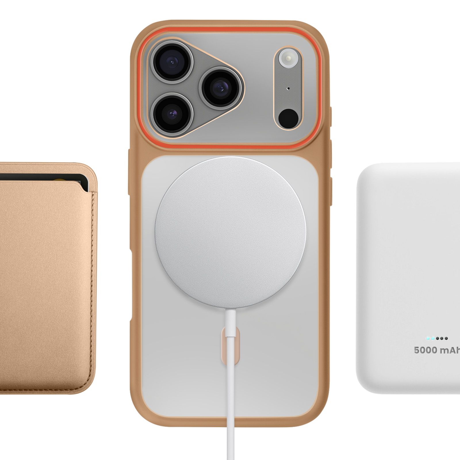 Gouden telefoonhoes met drie camera's, oplader en kaarthouder.