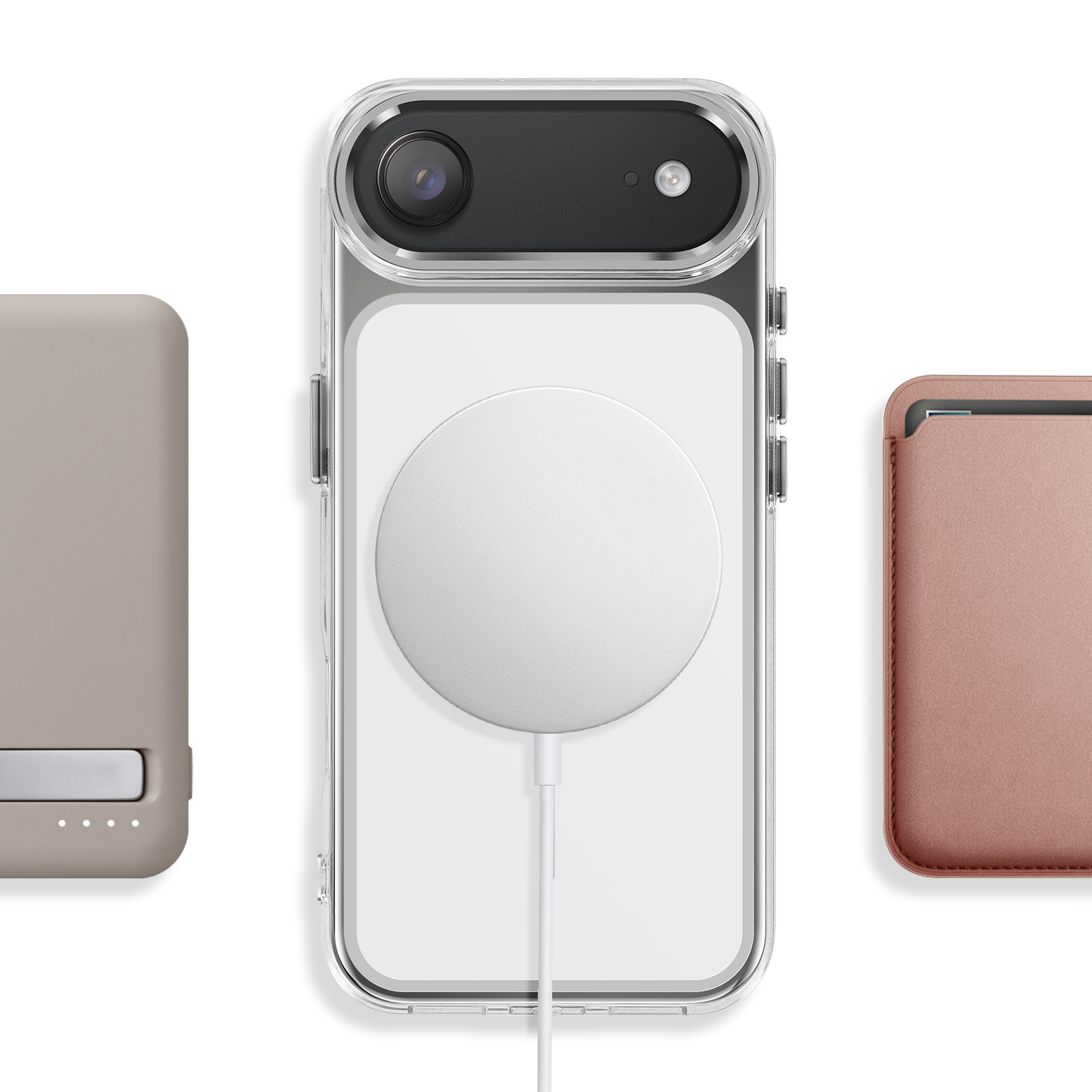 Een telefoon in een doorzichtige hoes met oplaadschijf, naast een powerbank en hoes.