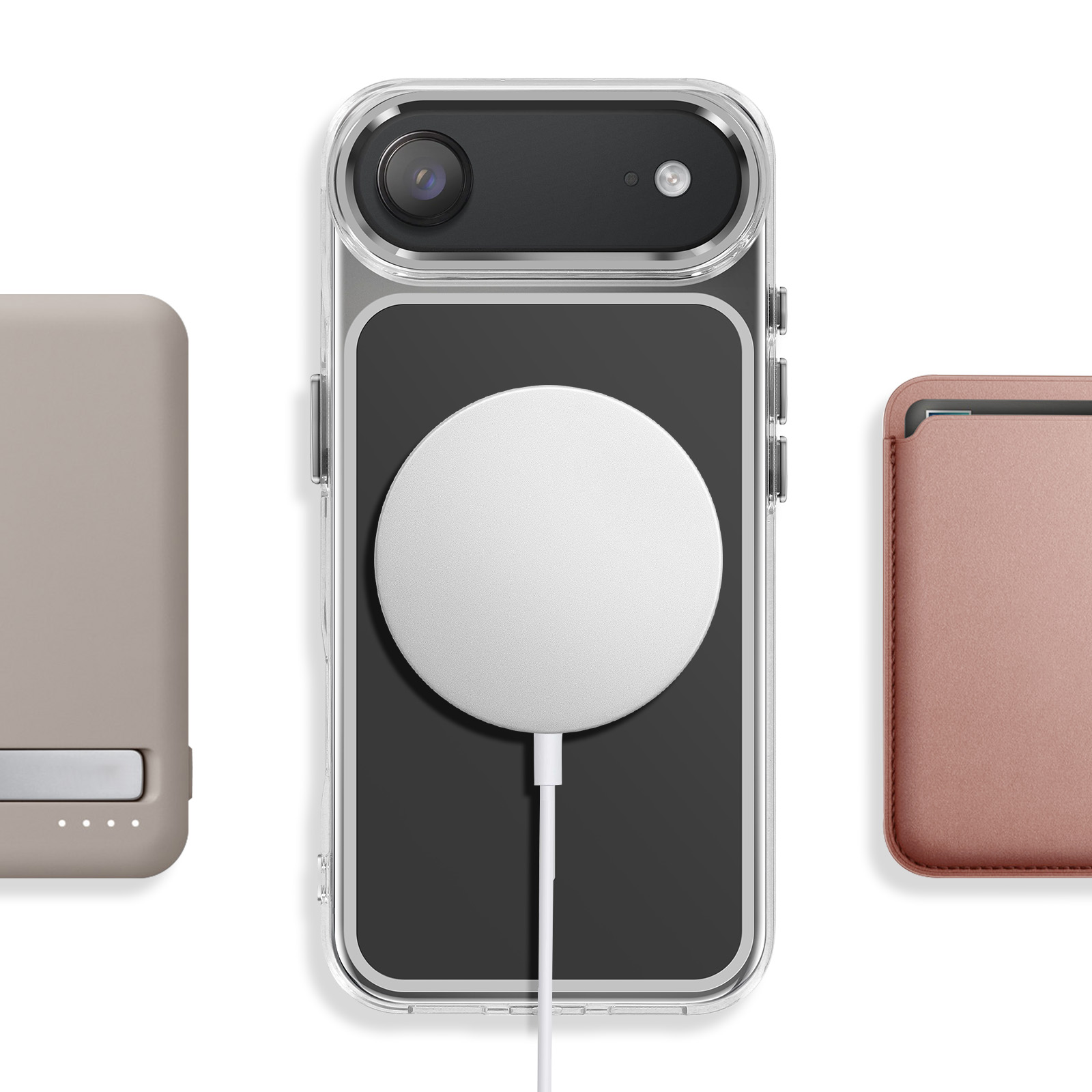 Een smartphone in een doorzichtige hoes met wit oplaadsnoer en powerbank.