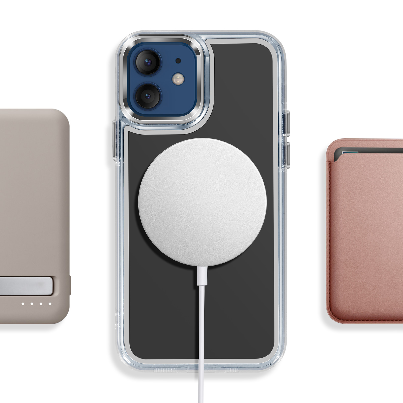 Trois accessoires pour téléphone : étui batterie beige, iPhone avec chargeur MagSafe blanc, porte-cartes rose.