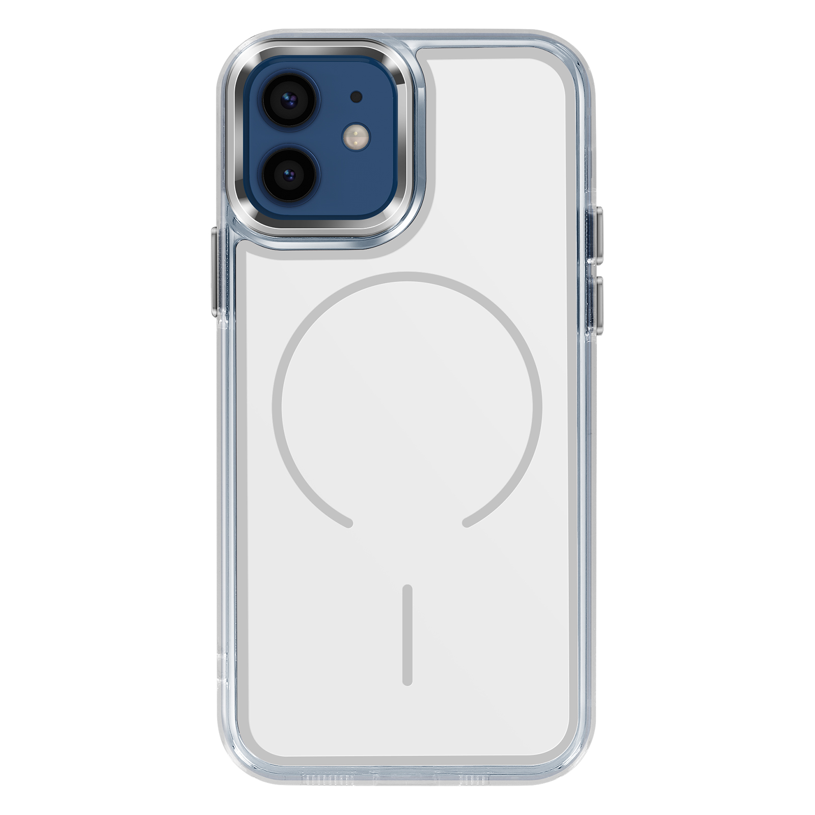 Coque de téléphone transparente avec bord argenté et module caméra visible.
