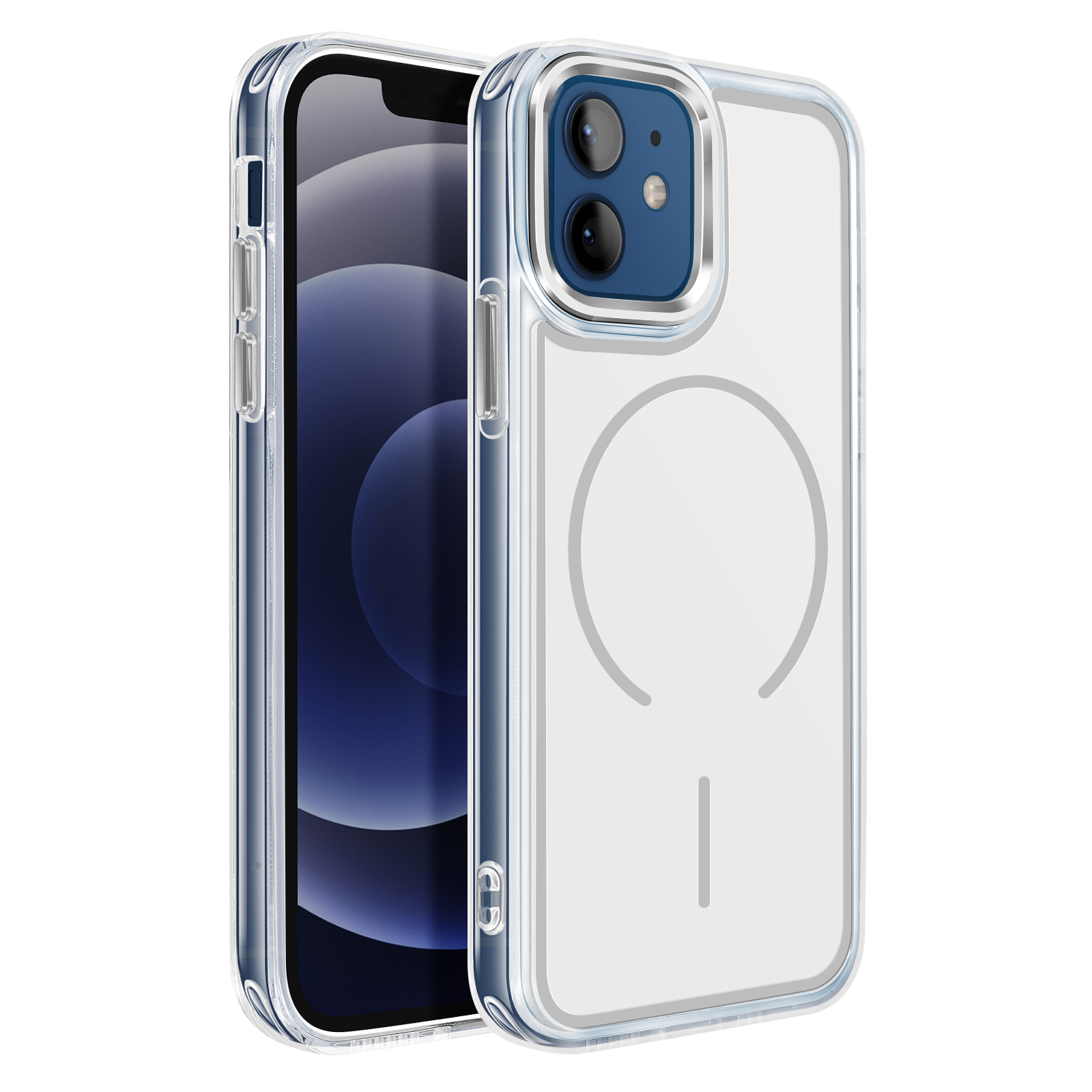 Une coque de téléphone transparente avec un téléphone à l'intérieur. Dos blanc.