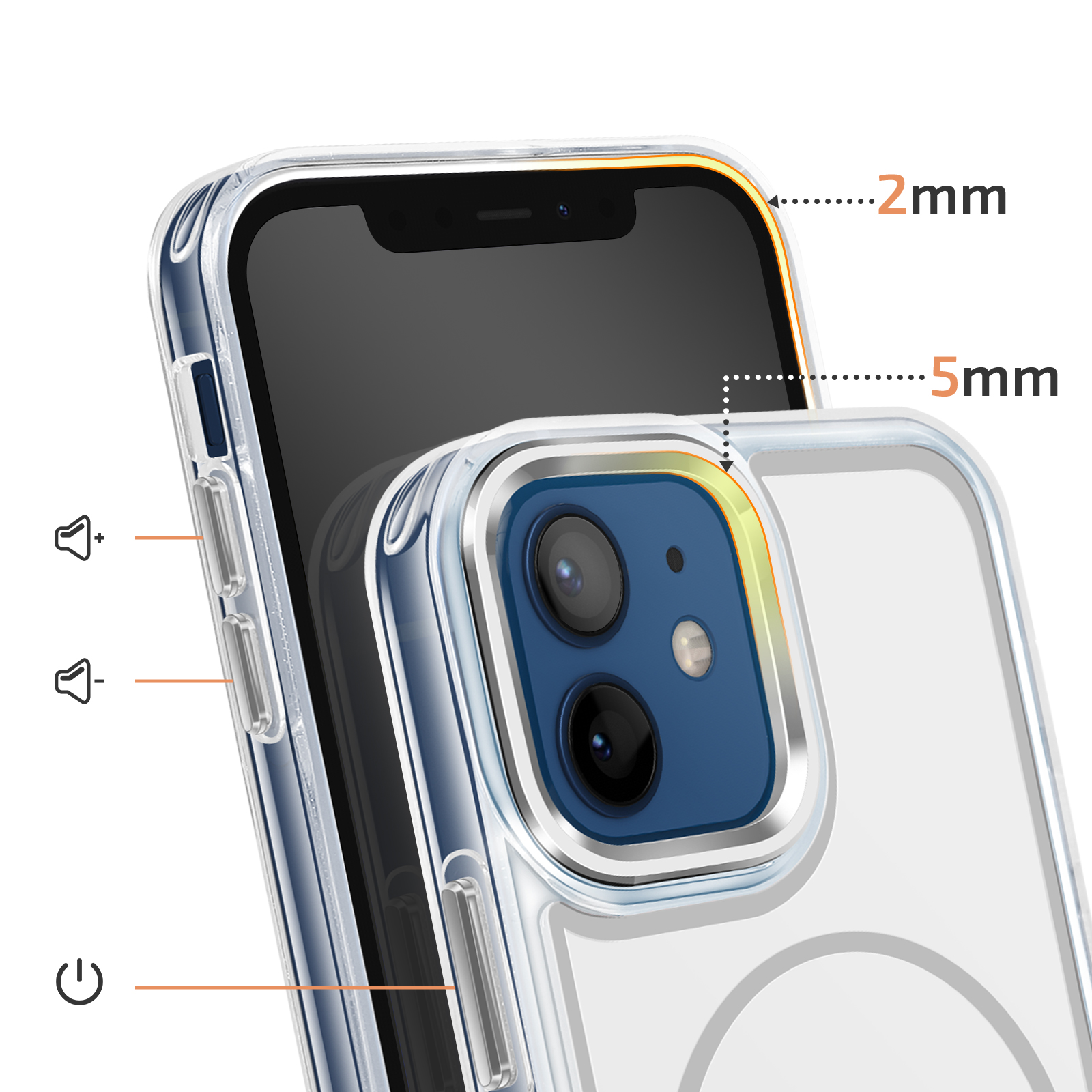 Coque transparente montrant les dimensions de 2 mm et 5 mm à côté d'un smartphone.