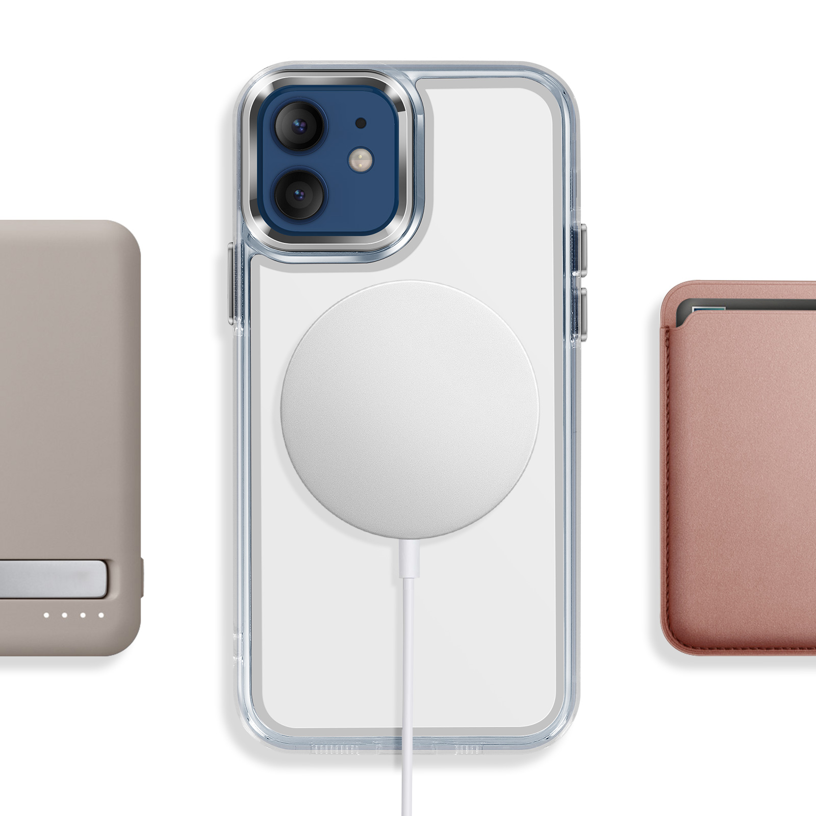 Une coque de téléphone transparente avec chargeur et câble, à côté d'une batterie et d'un portefeuille.