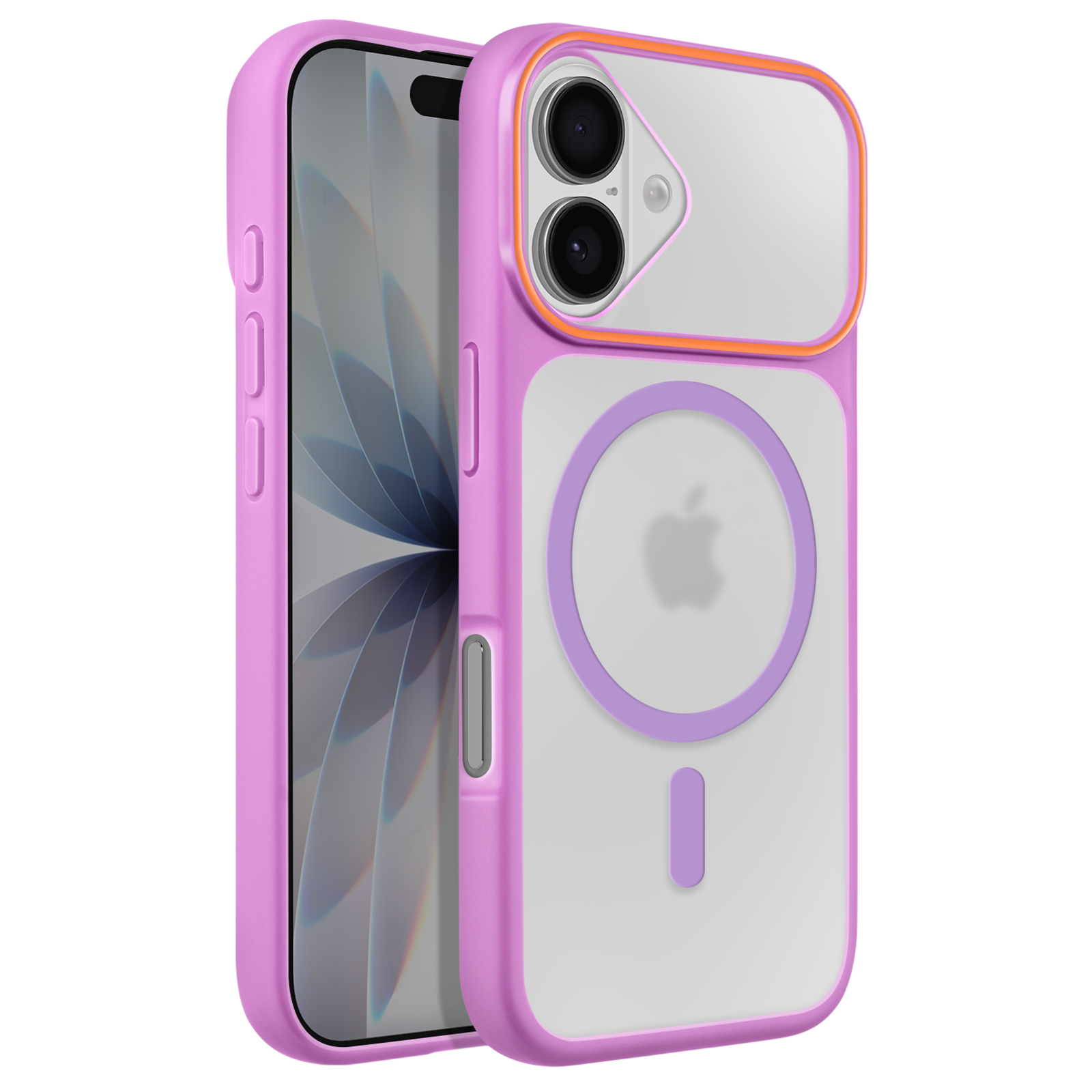 Coque violette avec dos transparent pour iPhone avec aimant MagSafe.
