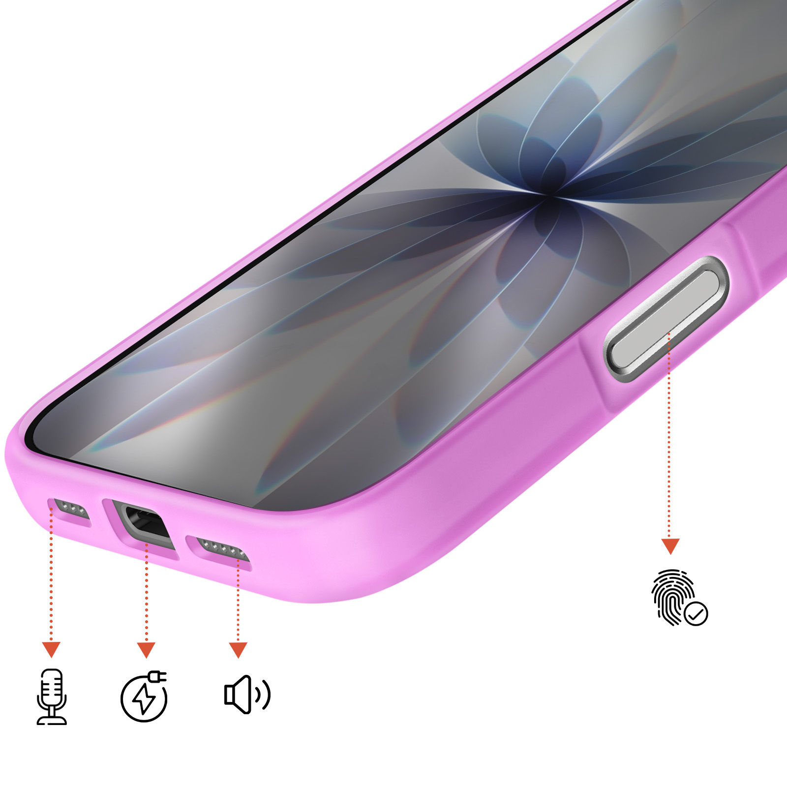 Coque de téléphone violette montrant les icônes micro, charge et haut-parleur.