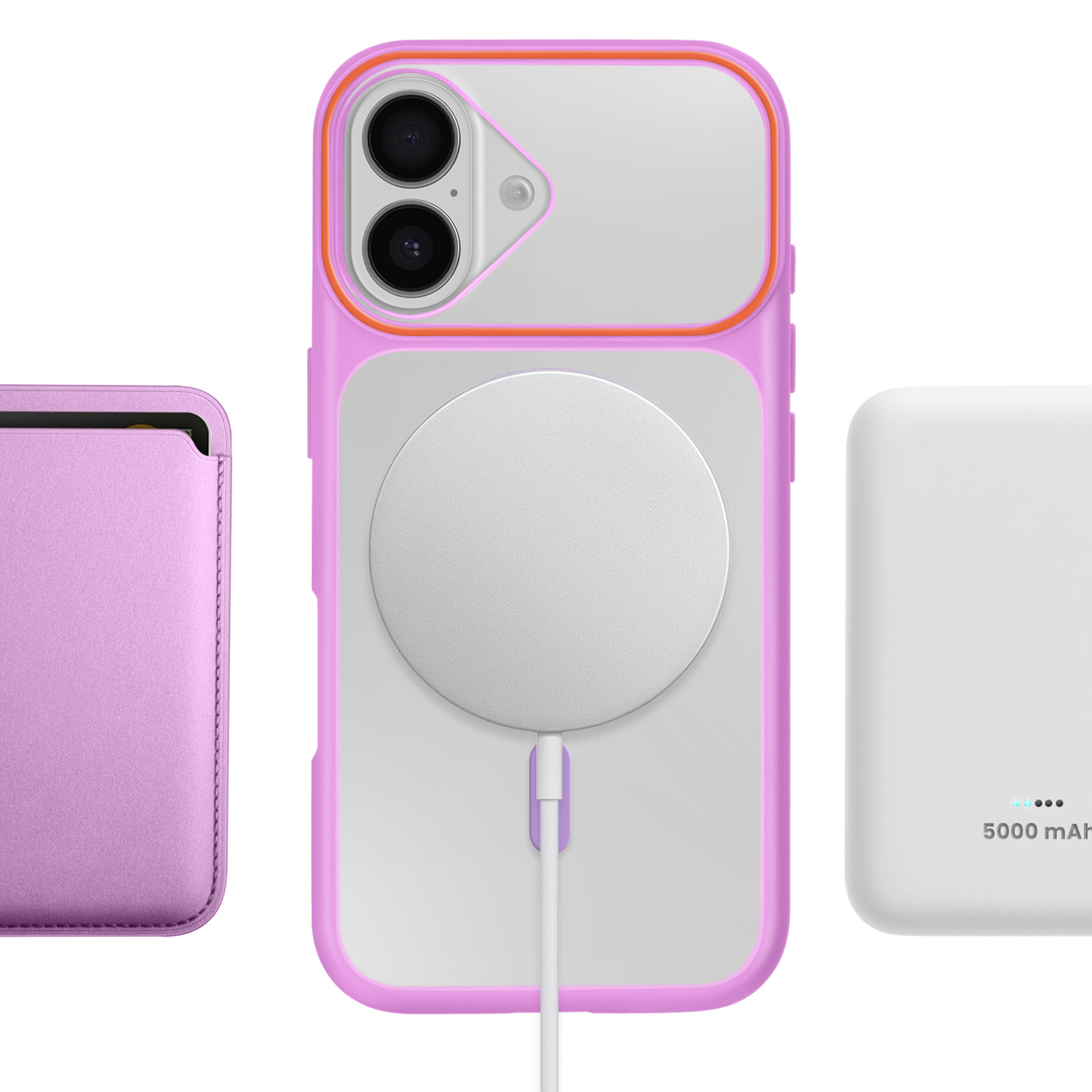 Étui de téléphone violet avec chargeur MagSafe et batterie externe blanche.