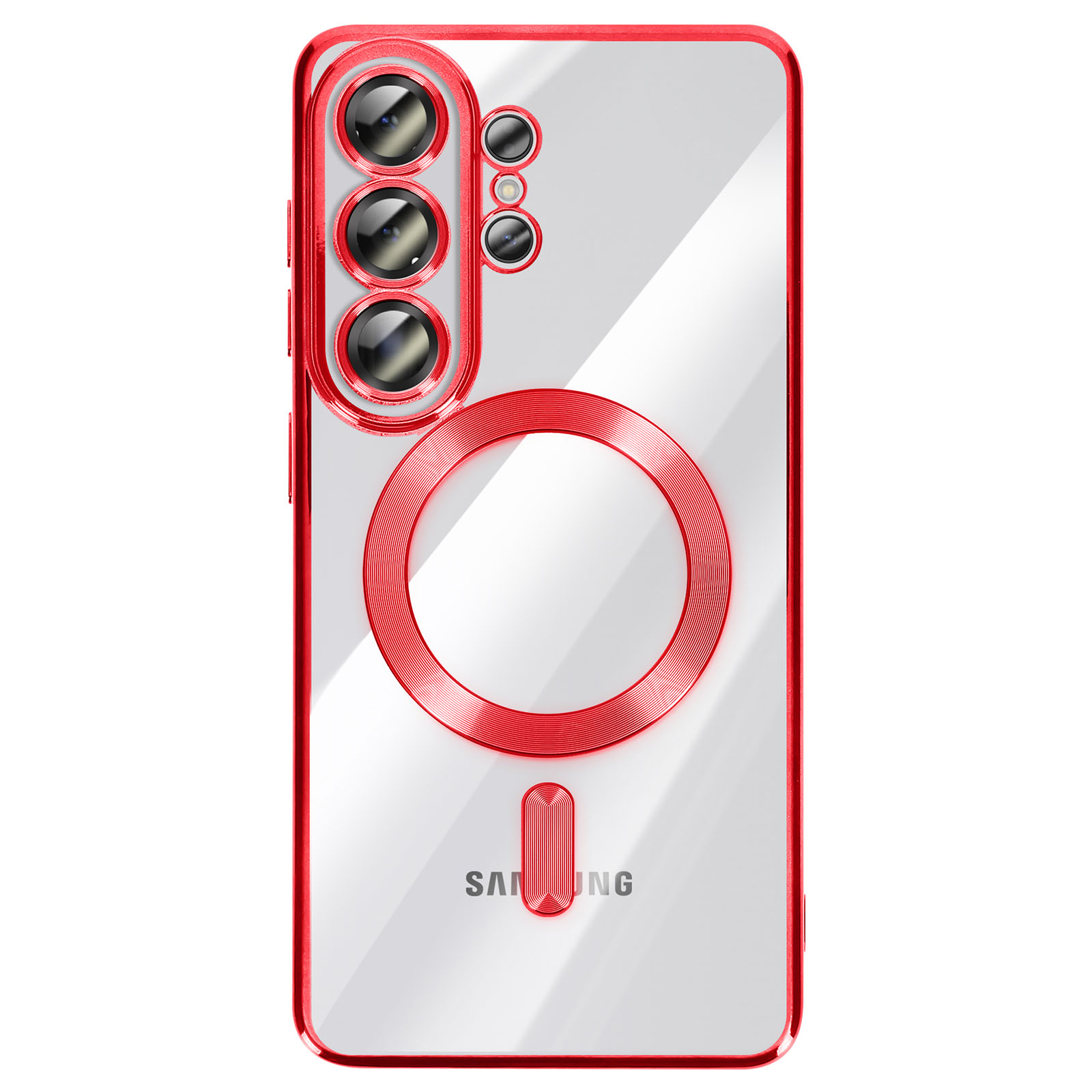 Coque de téléphone rouge avec caméras et anneau magnétique.