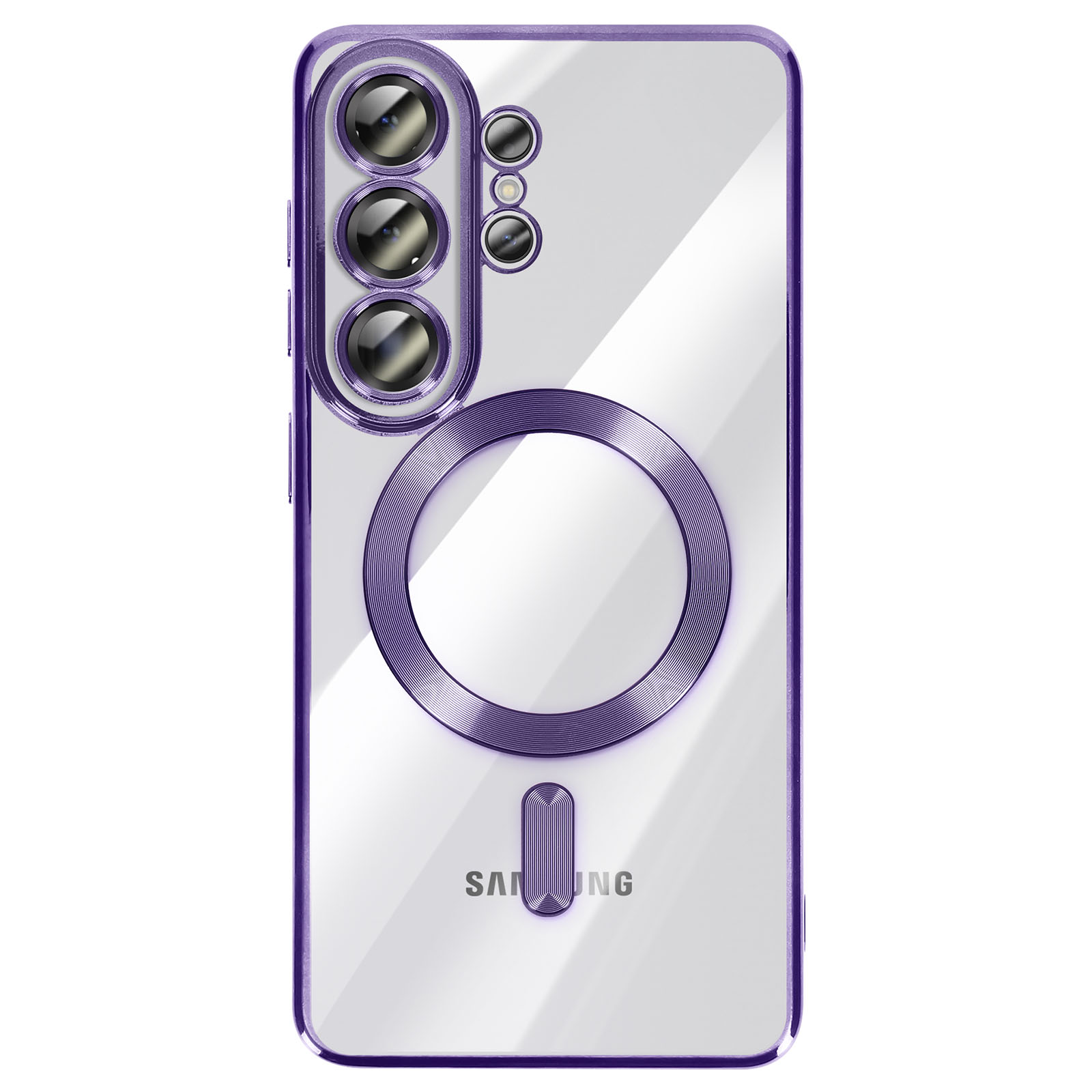 Coque de téléphone transparente avec bordure violette, objectifs de caméra et anneau magnétique.