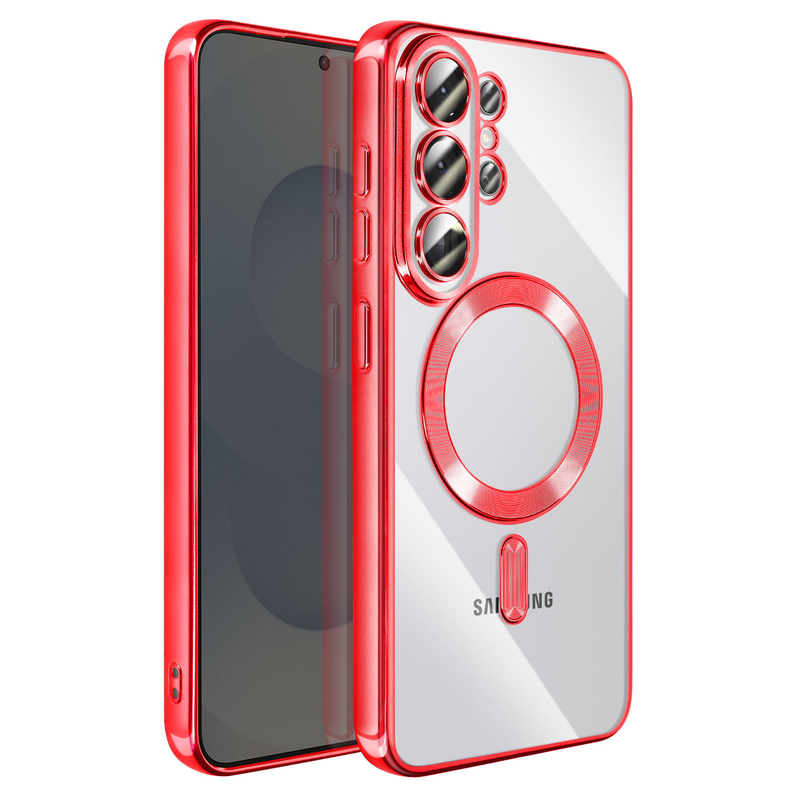 Téléphone rouge avec coque transparente, objectifs de caméra et anneau magnétique.