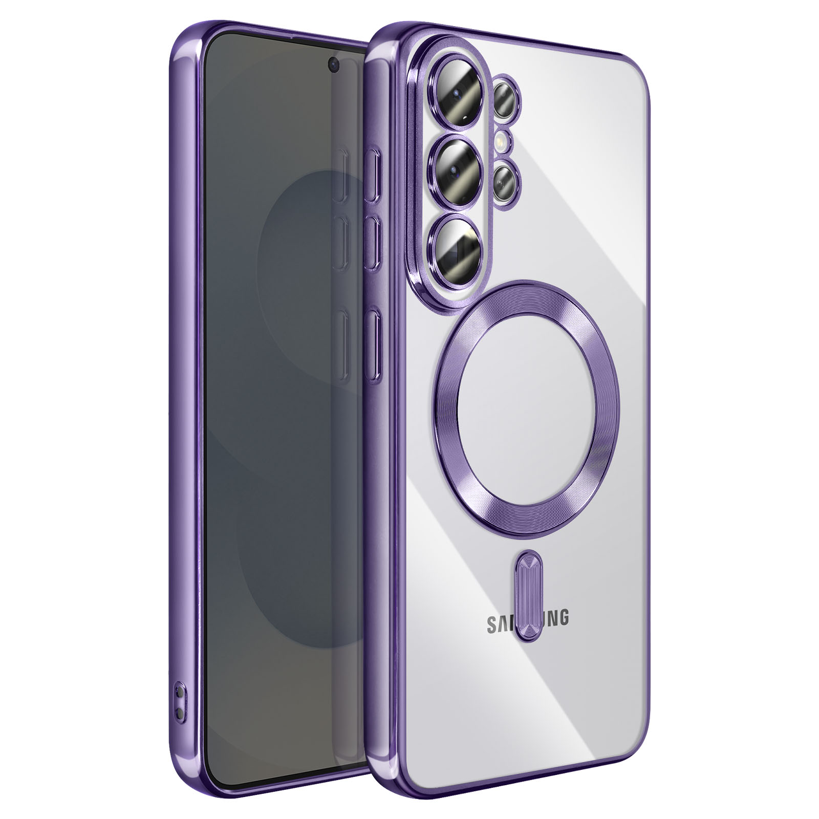 Coque de téléphone violette avec dos transparent et bloc de caméras.