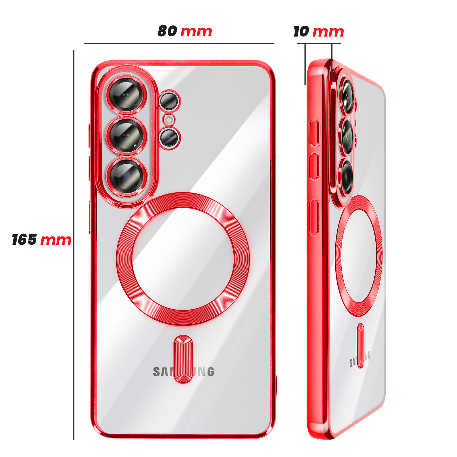 Coque de téléphone transparente avec bordure rouge et découpe caméra. Dimensions : 165x80x10mm.