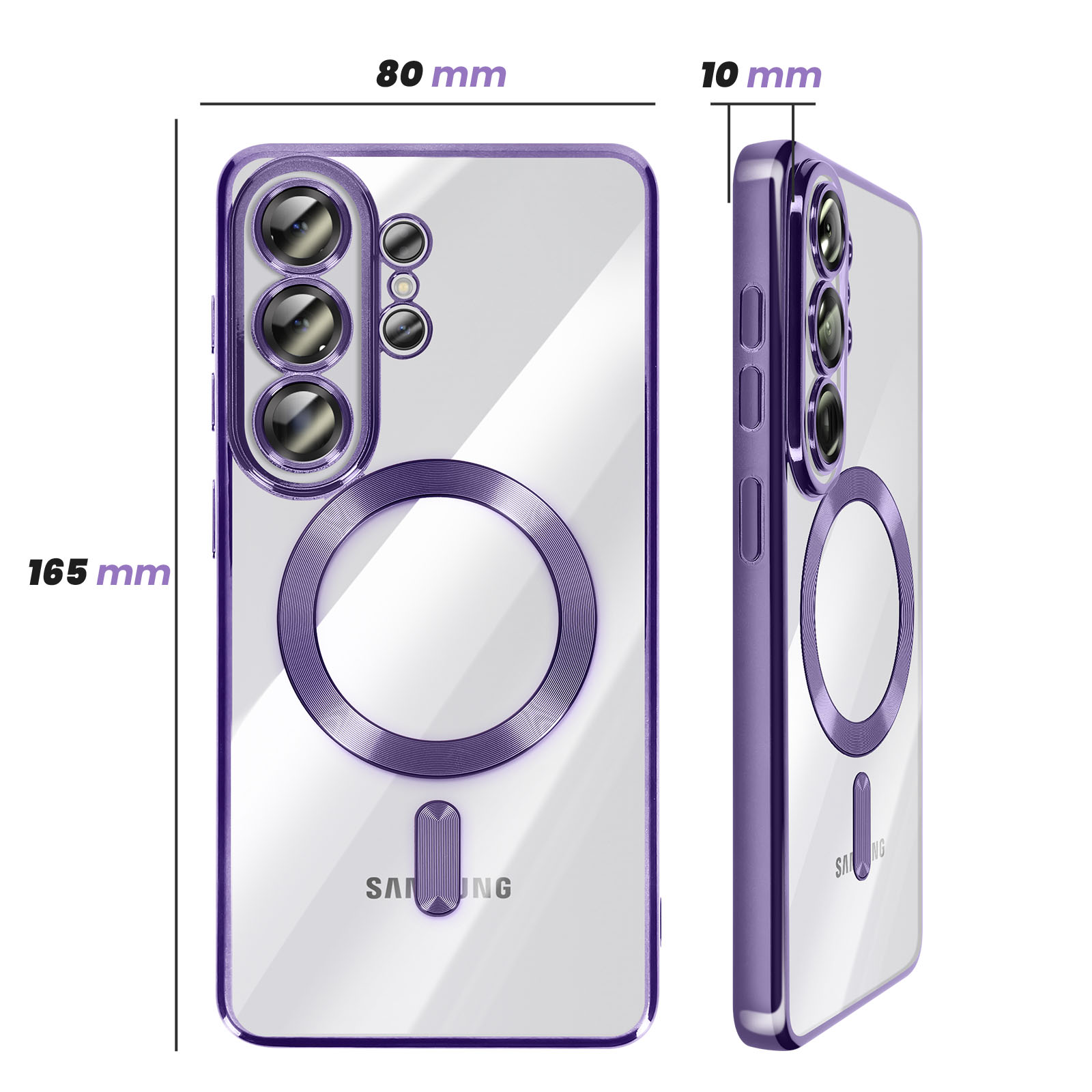 Coque de téléphone transparente avec bordure violette, objectifs et anneau magnétique.
