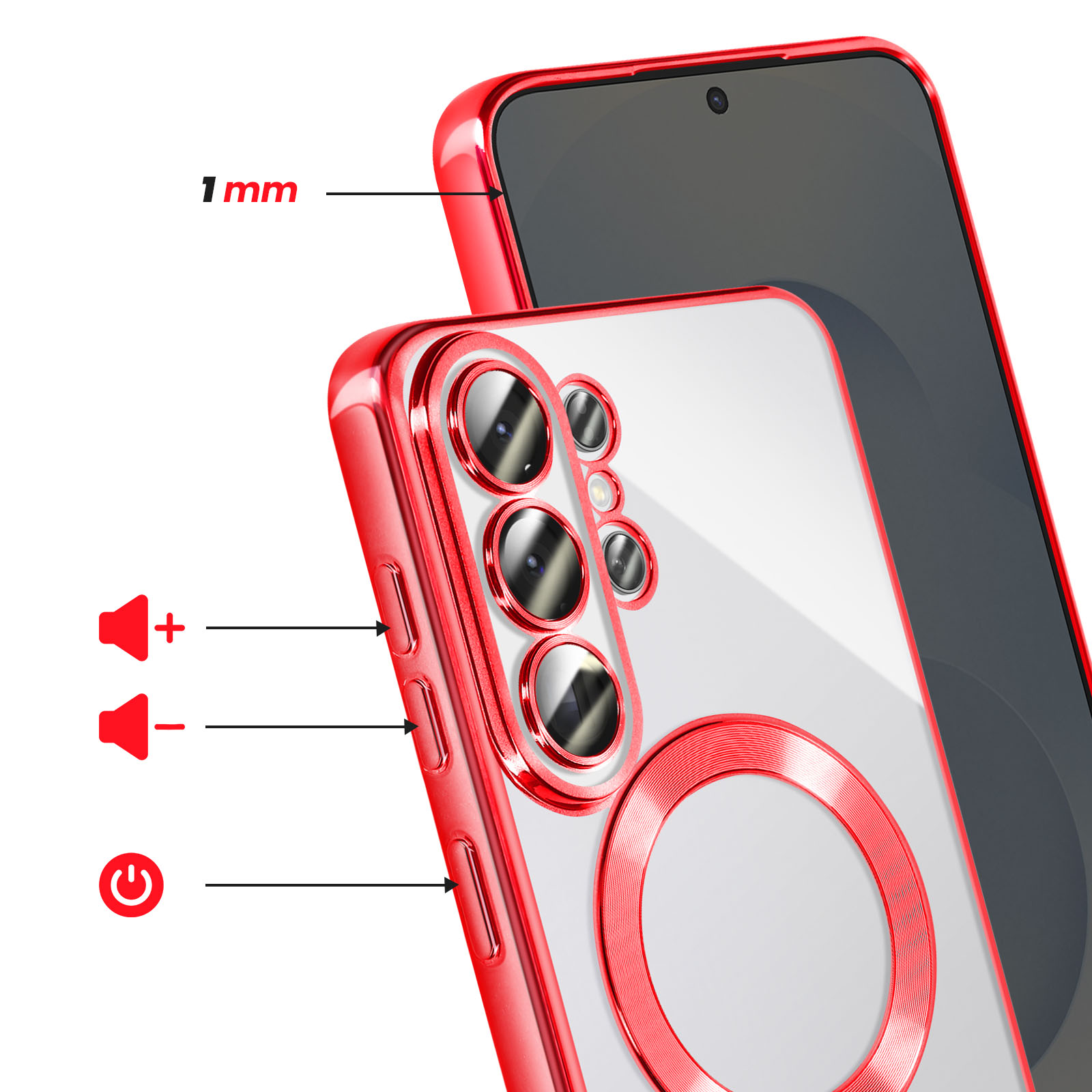 Coque de téléphone rouge avec découpe caméra et boutons volume.