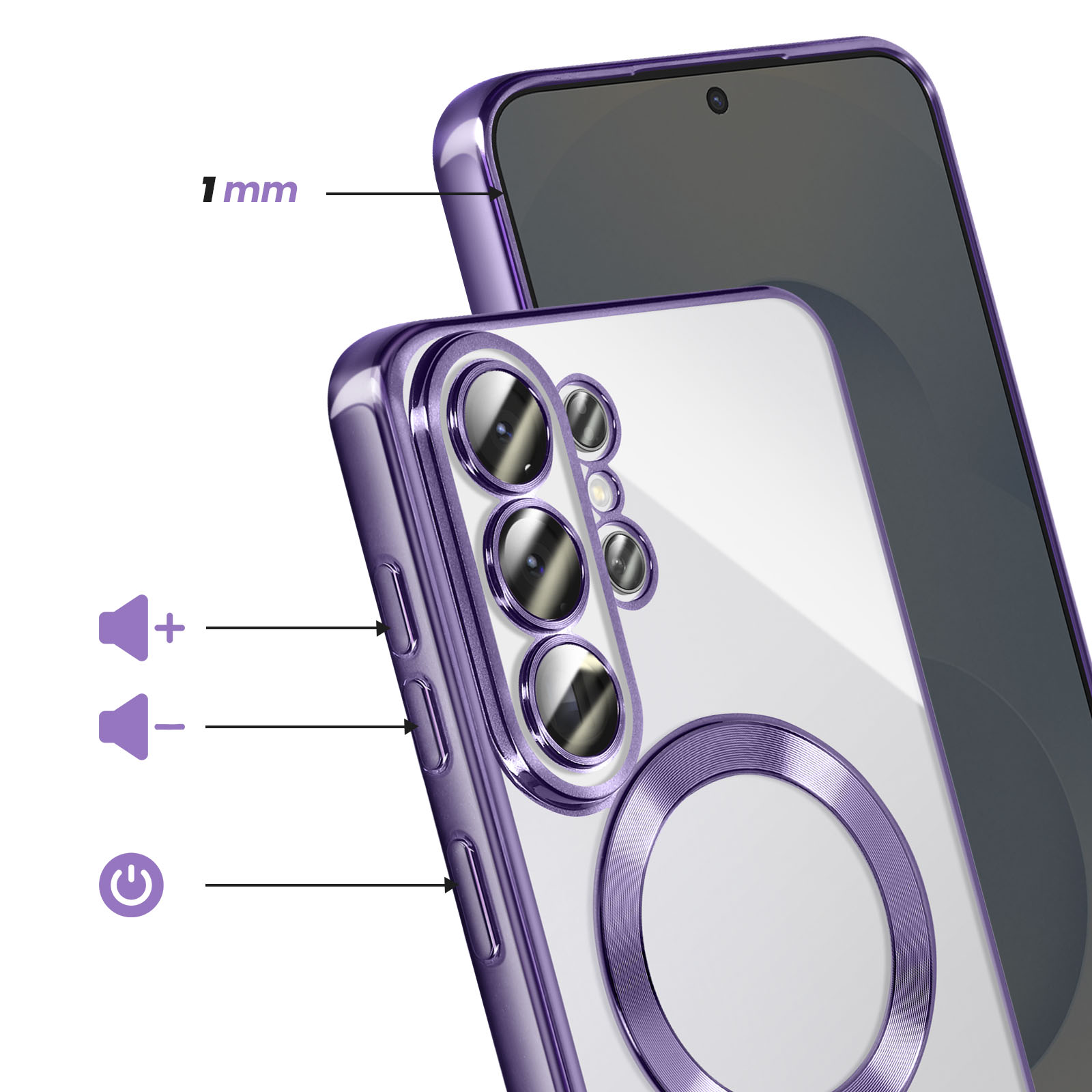 Coque de téléphone violette avec protection caméra et boutons volume.