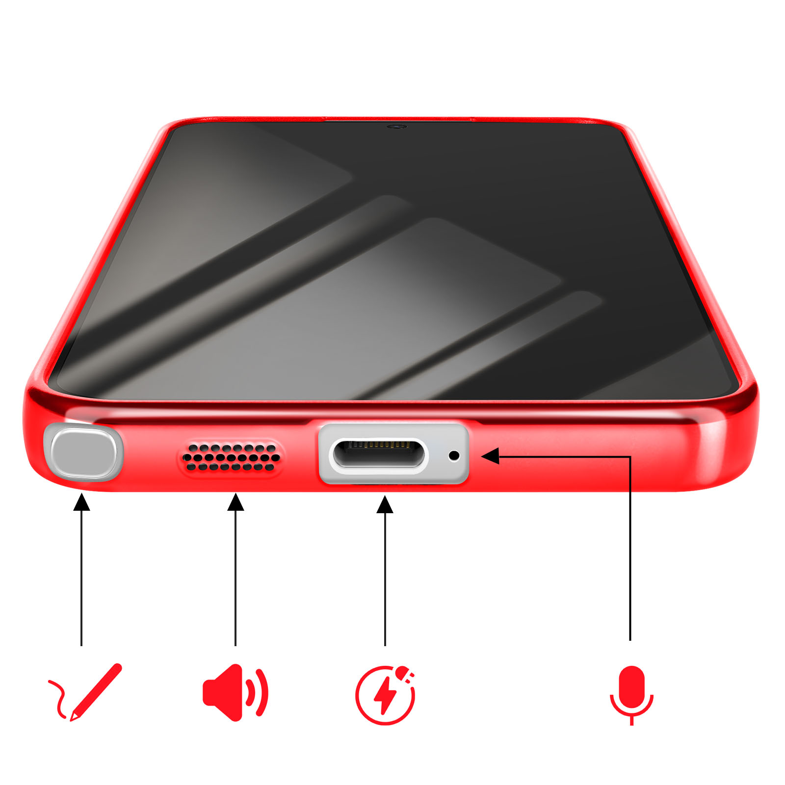 Téléphone rouge montrant le port de charge, le haut-parleur et les icônes de micro.