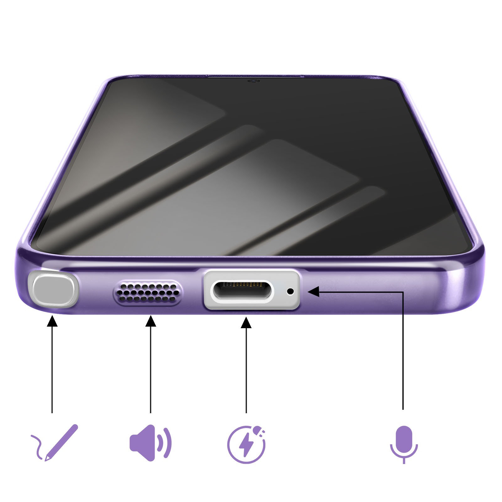 Bas de téléphone violet: icônes stylet, haut-parleur, port de charge, micro.