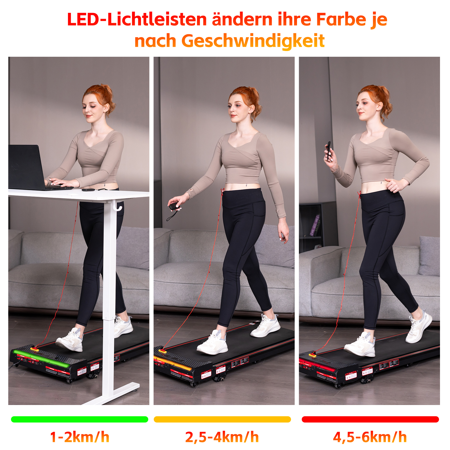 Frau auf Laufband, LED-Lichtleisten ändern Farbe je nach Geschwindigkeit.