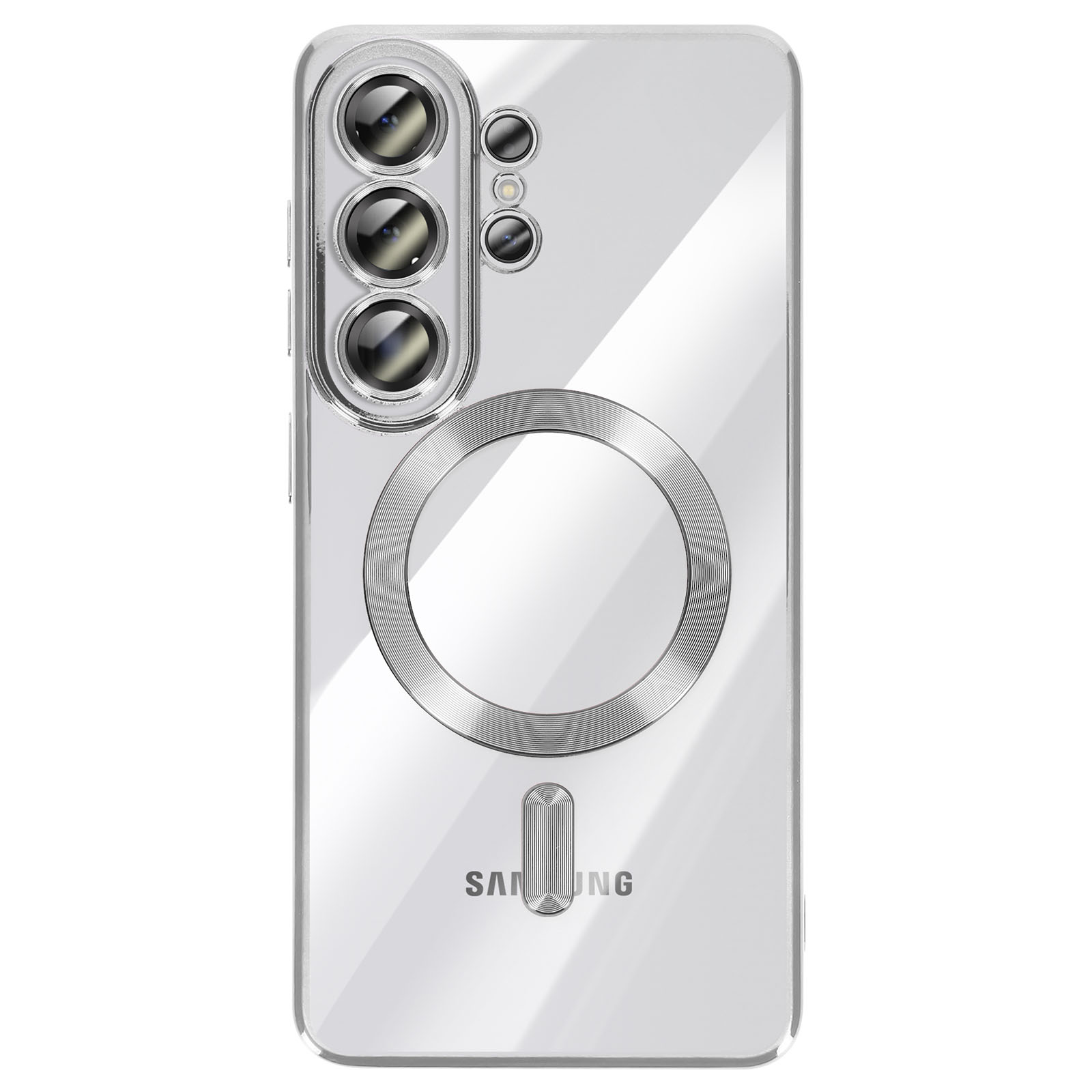 Coque de téléphone transparente avec trois caméras et un anneau magnétique.