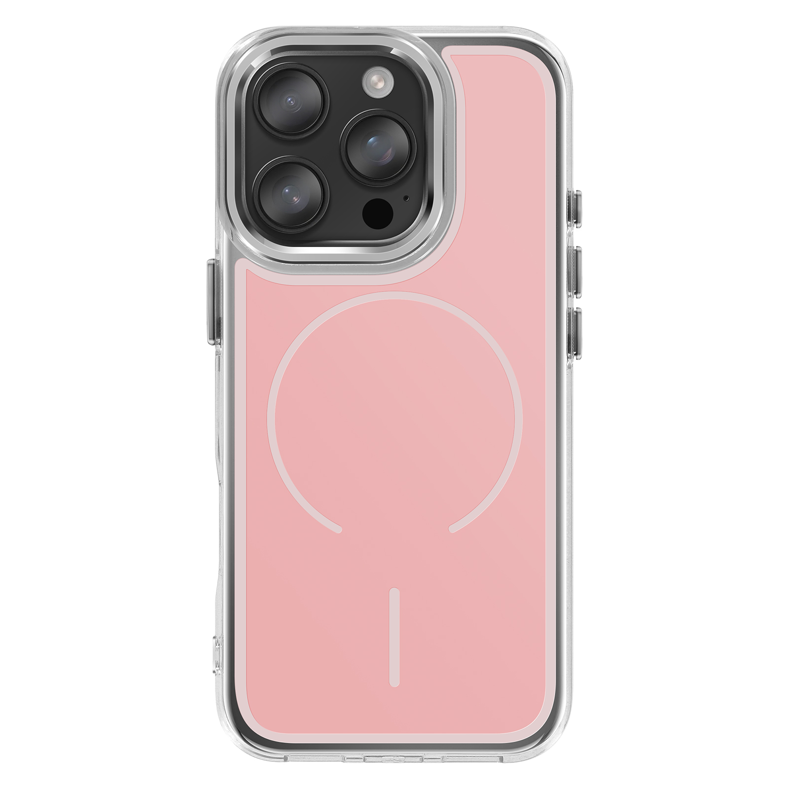 Een roze telefoonhoesje met cameralenzen en een magnetische ring.