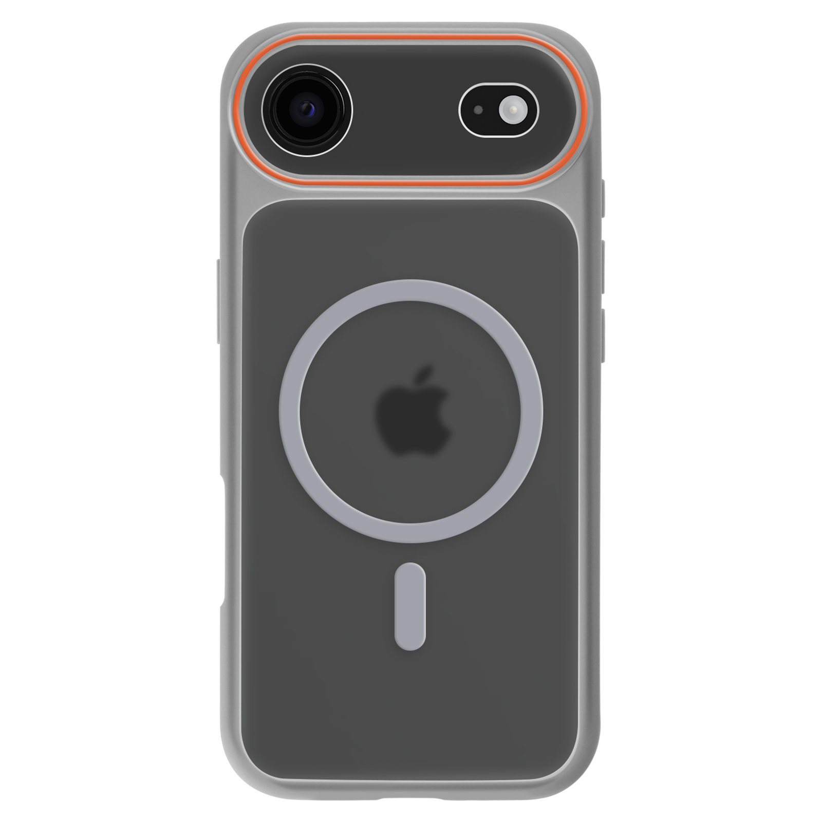 Grijze hoes met oranje rand, camera en Apple-logo.
