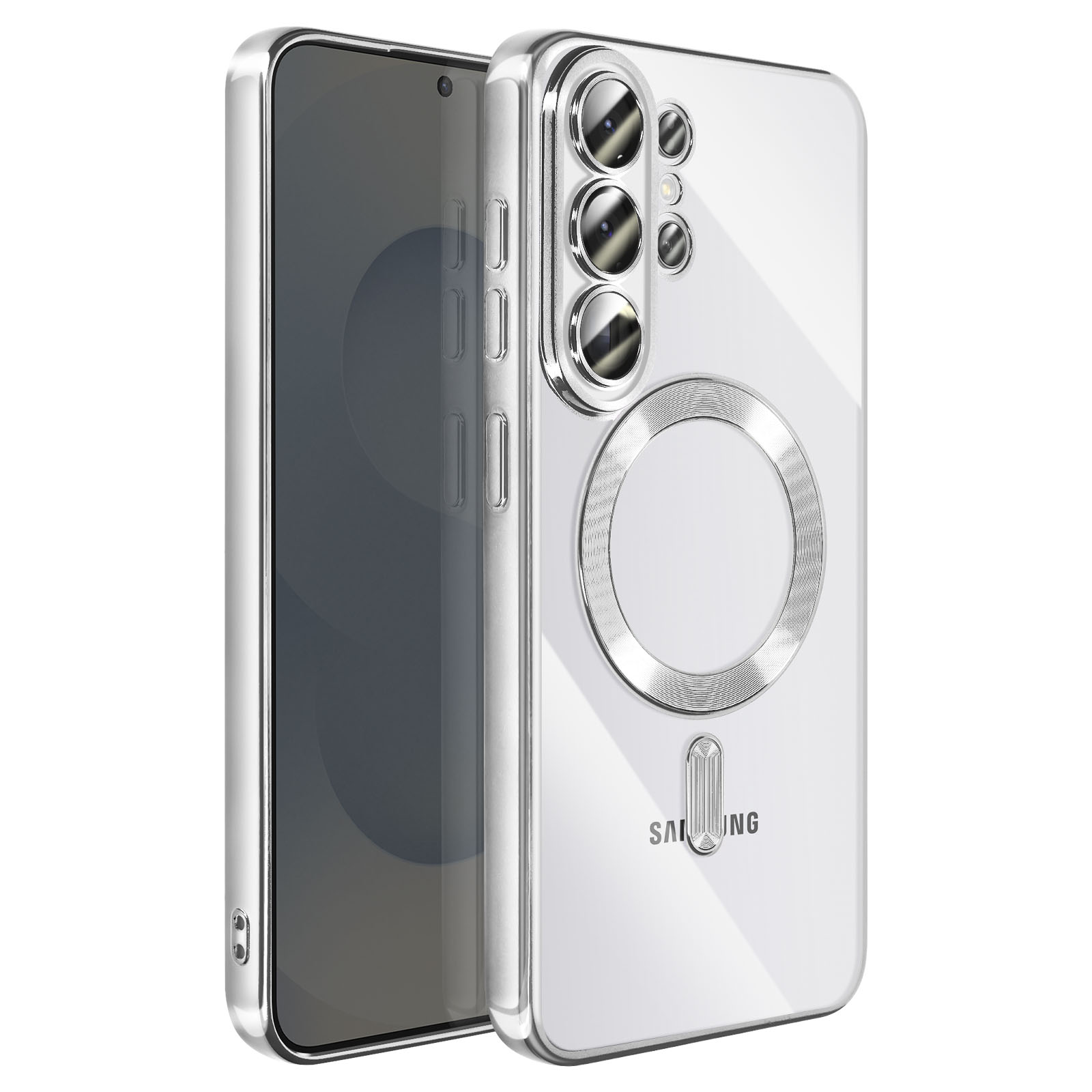 Une coque de téléphone transparente avec cadre argenté, appareil photo et anneau MagSafe.