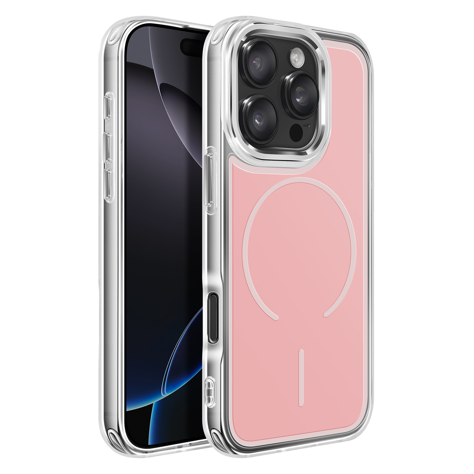 Een roze iPhone met een doorzichtige hoes en cameramodule.